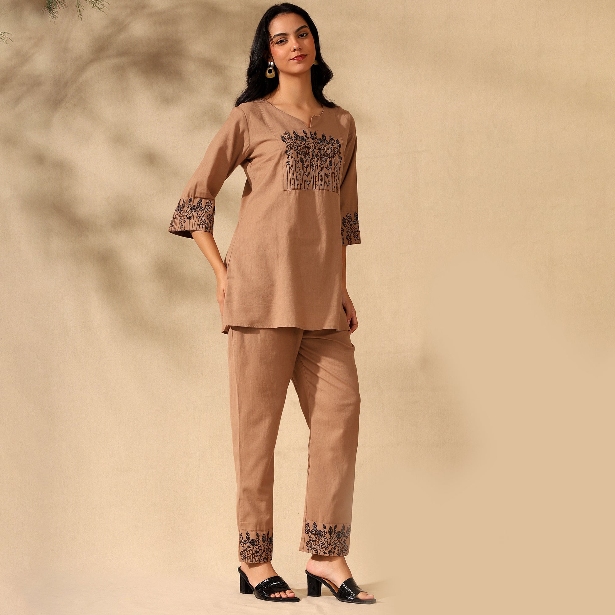 BOTANICAL EMBROIDERED COTTON CORD SET FOR WOMEN | KURTI AND PANTS COORDINATED SET | BEIGE