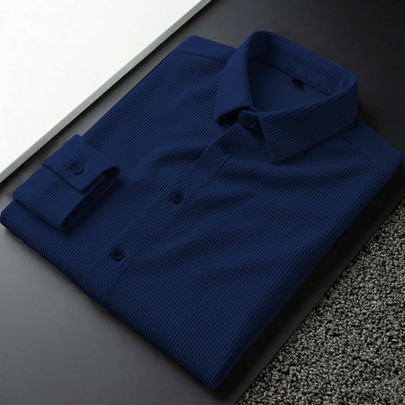 Corduroy Inspired Self-Cord Casual Shirts for Men Blended Fabric - Navy Blue