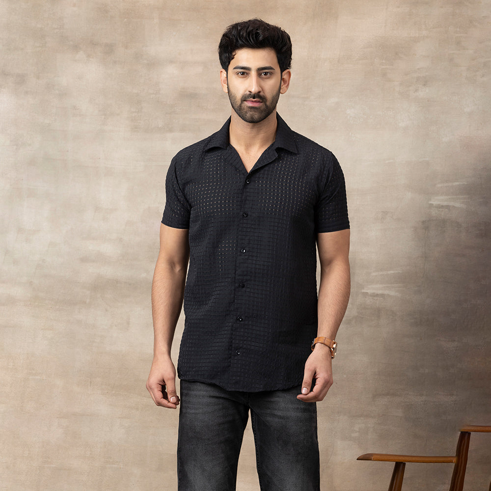 Men's Net Self Cuban Collar Casual Shirt Black