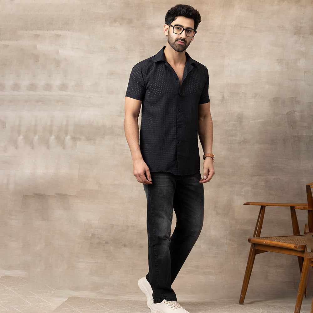 Men's Net Self Cuban Collar Casual Shirt Black