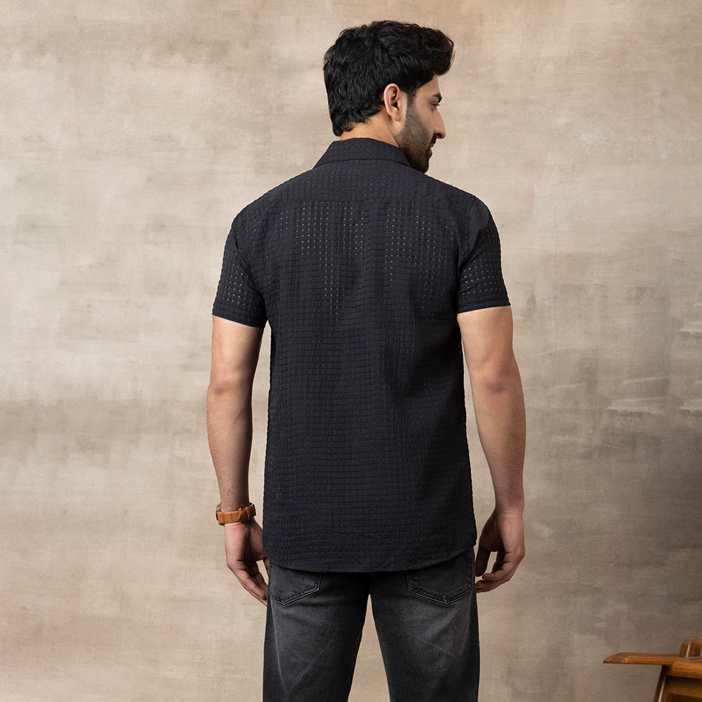 Men's Net Self Cuban Collar Casual Shirt Black