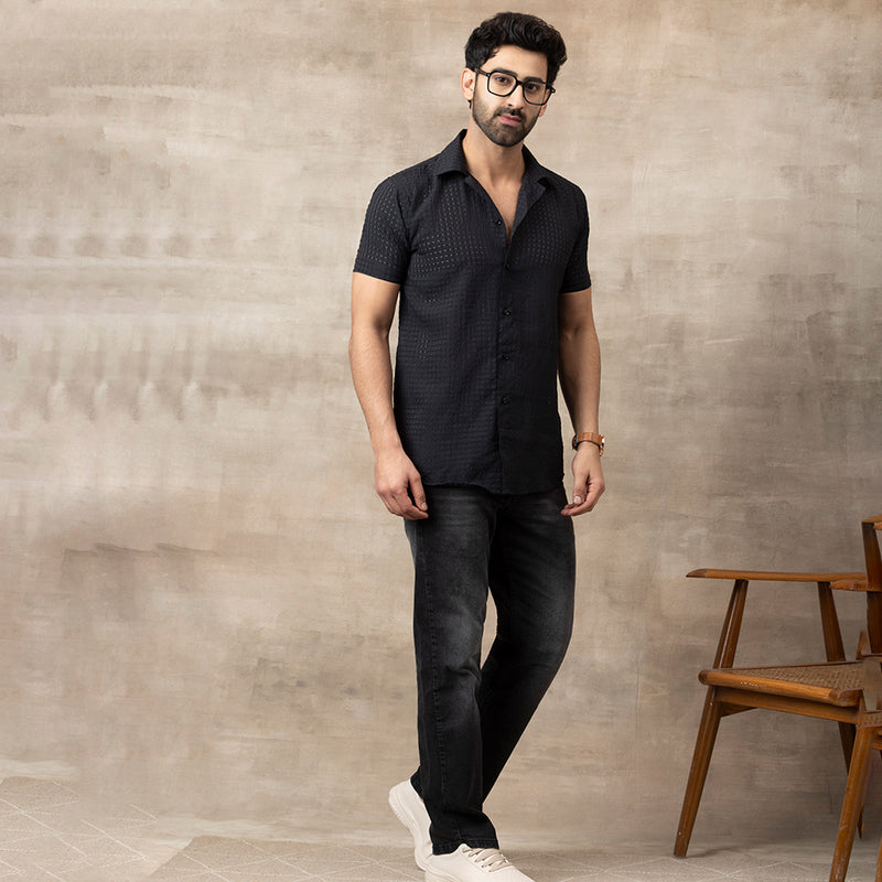 SLIM FIT NET HALF SHIRTS FOR MEN | SUMMER CASUAL SHIRTS Black