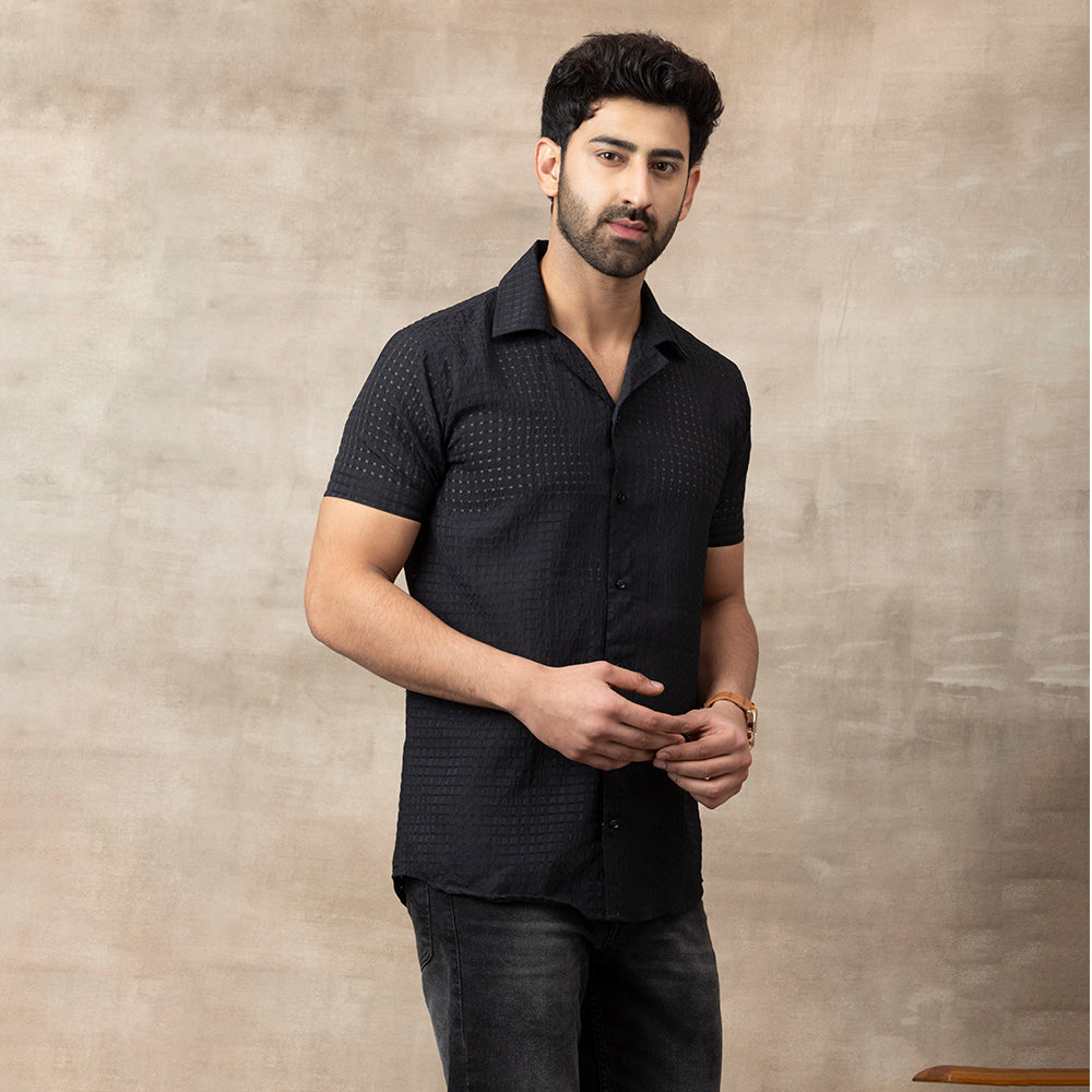 Men's Net Self Cuban Collar Casual Shirt Black