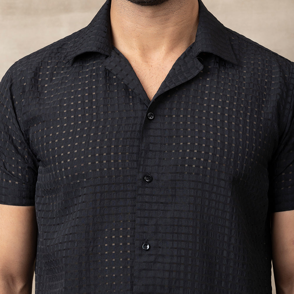 Men's Net Self Cuban Collar Casual Shirt Black