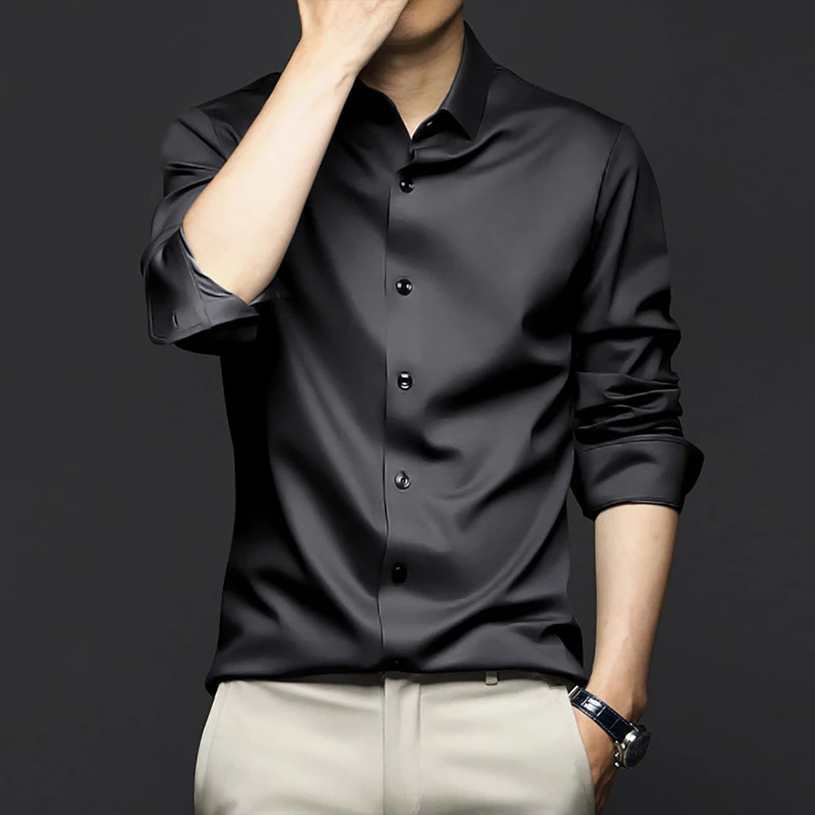 Poly Satin formal Shirt For Men-Black