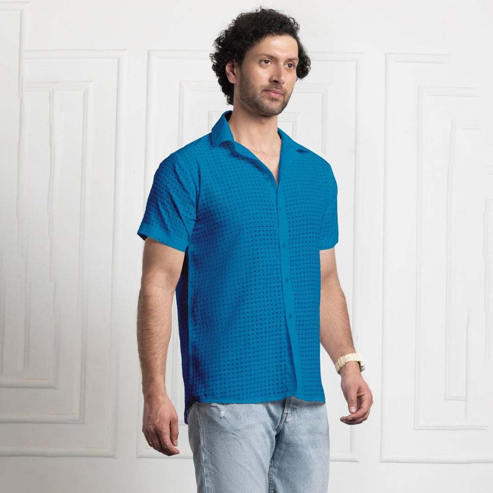Men's Net Self Cuban Collar Casual Shirt Blue