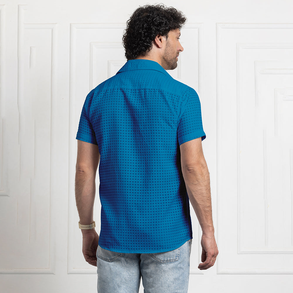 Men's Net Self Cuban Collar Casual Shirt Blue
