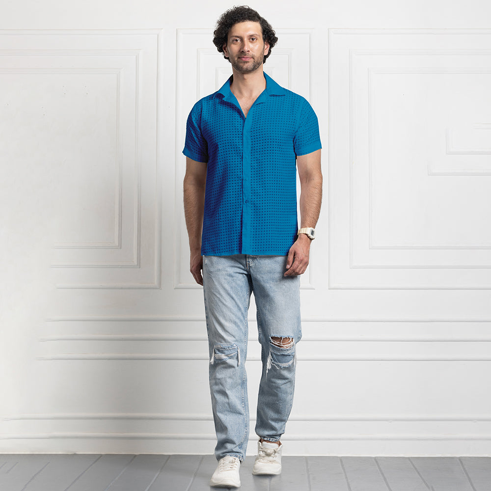 Men's Net Self Cuban Collar Casual Shirt Blue