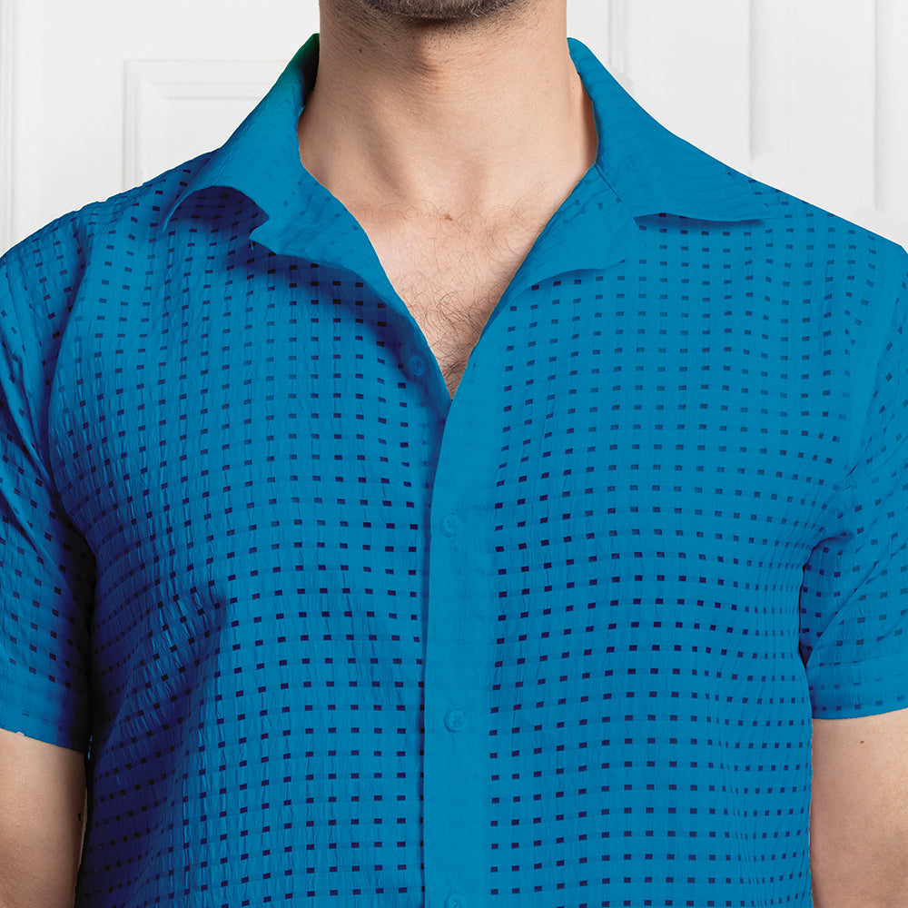 Men's Net Self Cuban Collar Casual Shirt Blue