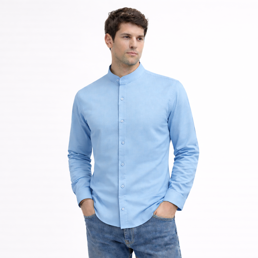 MEN’S CHINESE COLLAR SHIRT | FULL SLEEVE COTTON LINEN T-NECK SHIRT | SKY COLOR