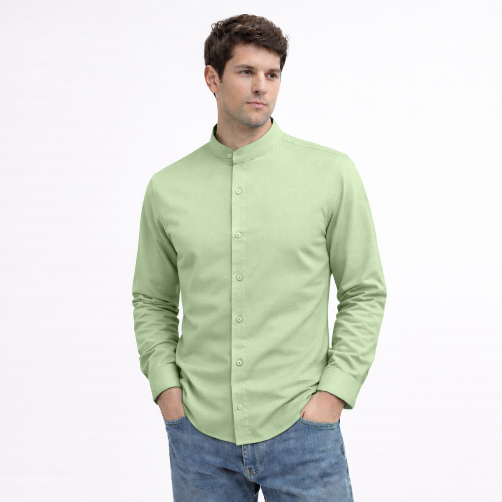 MEN’S CHINESE COLLAR SHIRT | FULL SLEEVE COTTON LINEN T-NECK SHIRT | LIGHT GREEN COLOR