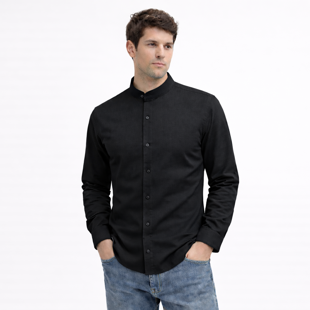 MEN’S CHINESE COLLAR SHIRT | FULL SLEEVE COTTON LINEN T-NECK SHIRT | BLACK COLOR