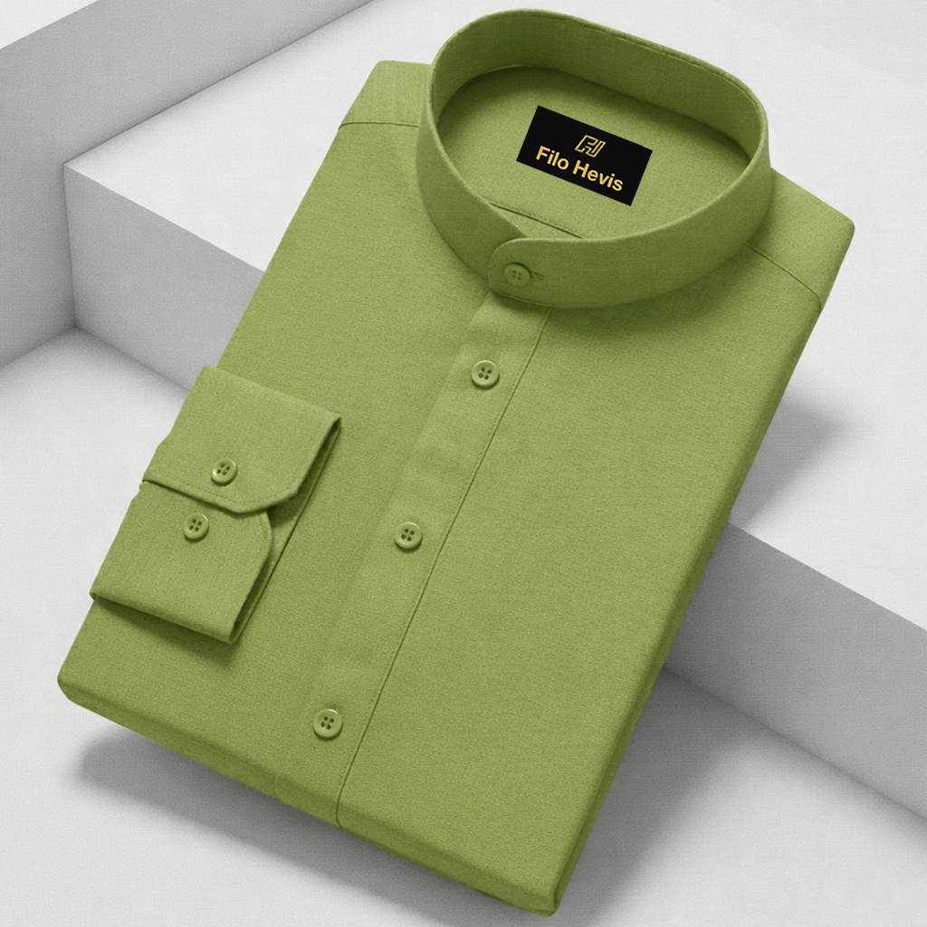 MEN’S CHINESE COLLAR SHIRT | FULL SLEEVE COTTON LINEN T-NECK SHIRT | GREEN COLOR