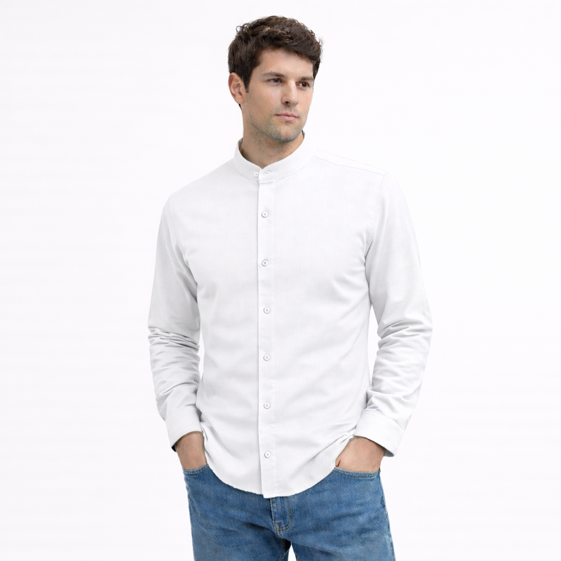 MEN’S CHINESE COLLAR SHIRT | FULL SLEEVE COTTON LINEN T-NECK SHIRT | WHITE COLOR