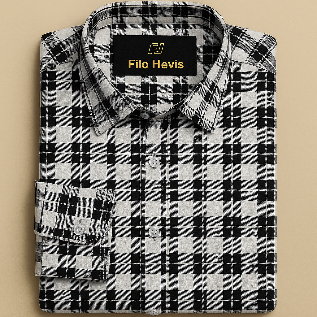 FORMAL COTTON CHECK SHIRTS FOR MEN - Black & White Plaid (Long Sleeve)