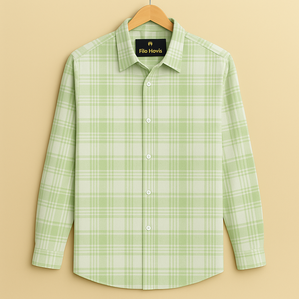 FORMAL COTTON CHECK SHIRTS FOR MEN - Light Green Plaid (Long Sleeve)