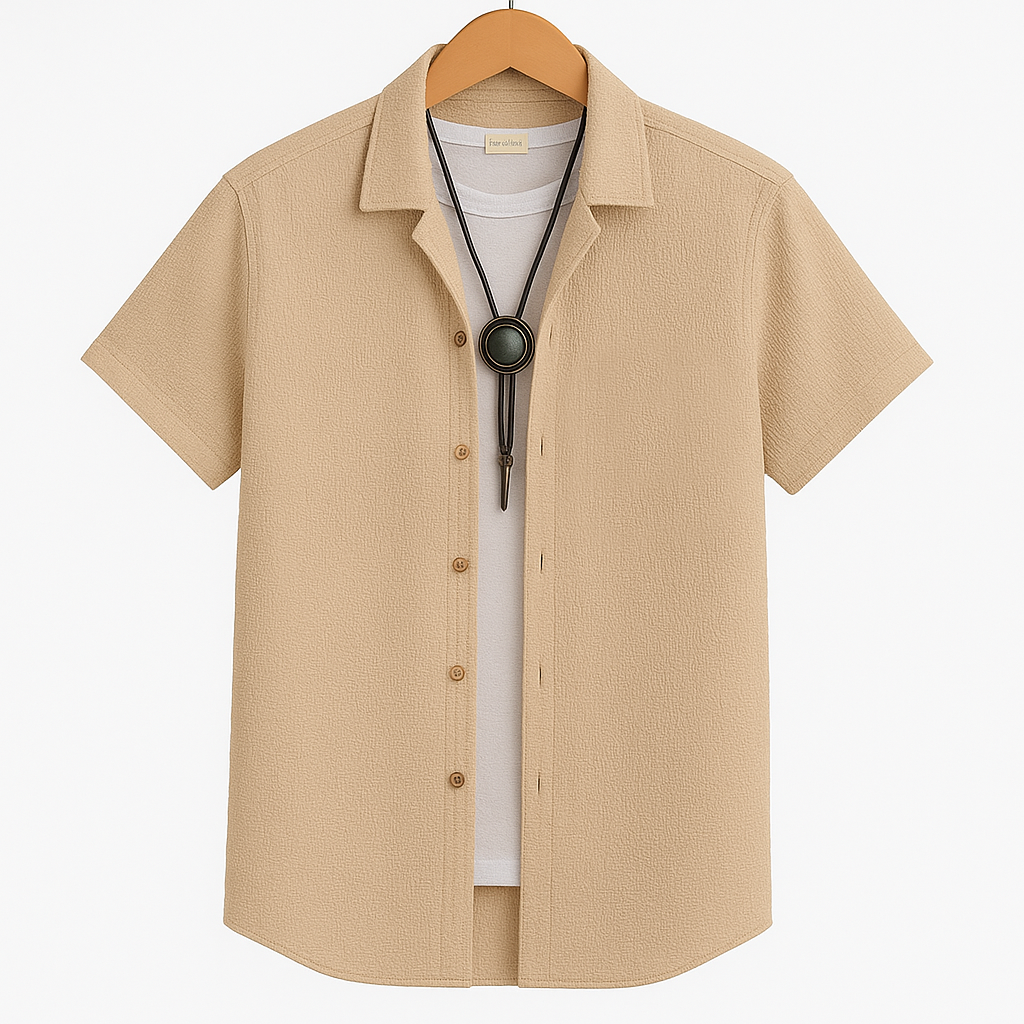 Men’s Beige Poly-Cotton Casual Shirt | Short Sleeve | Summer Comfort