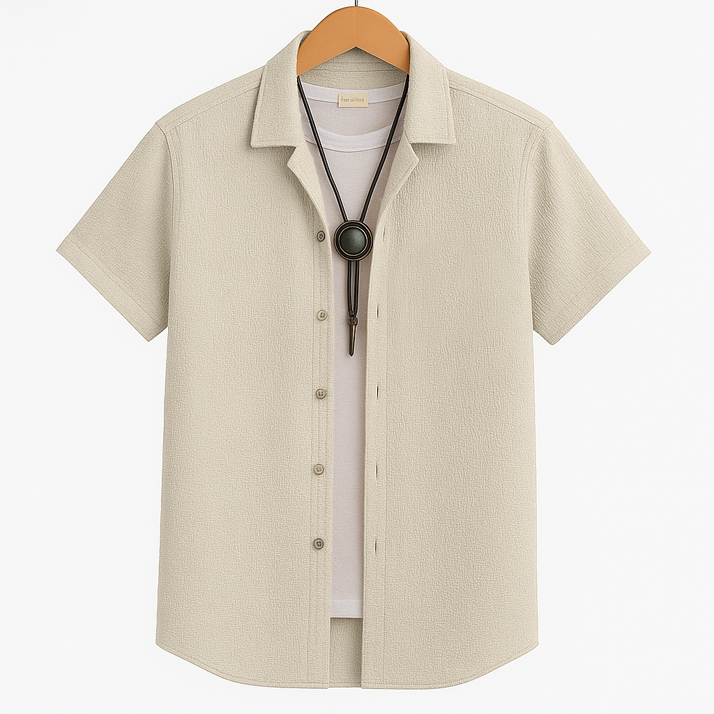 Men’s Beige Poly-Cotton Casual Shirt | Short Sleeve | Summer Comfort