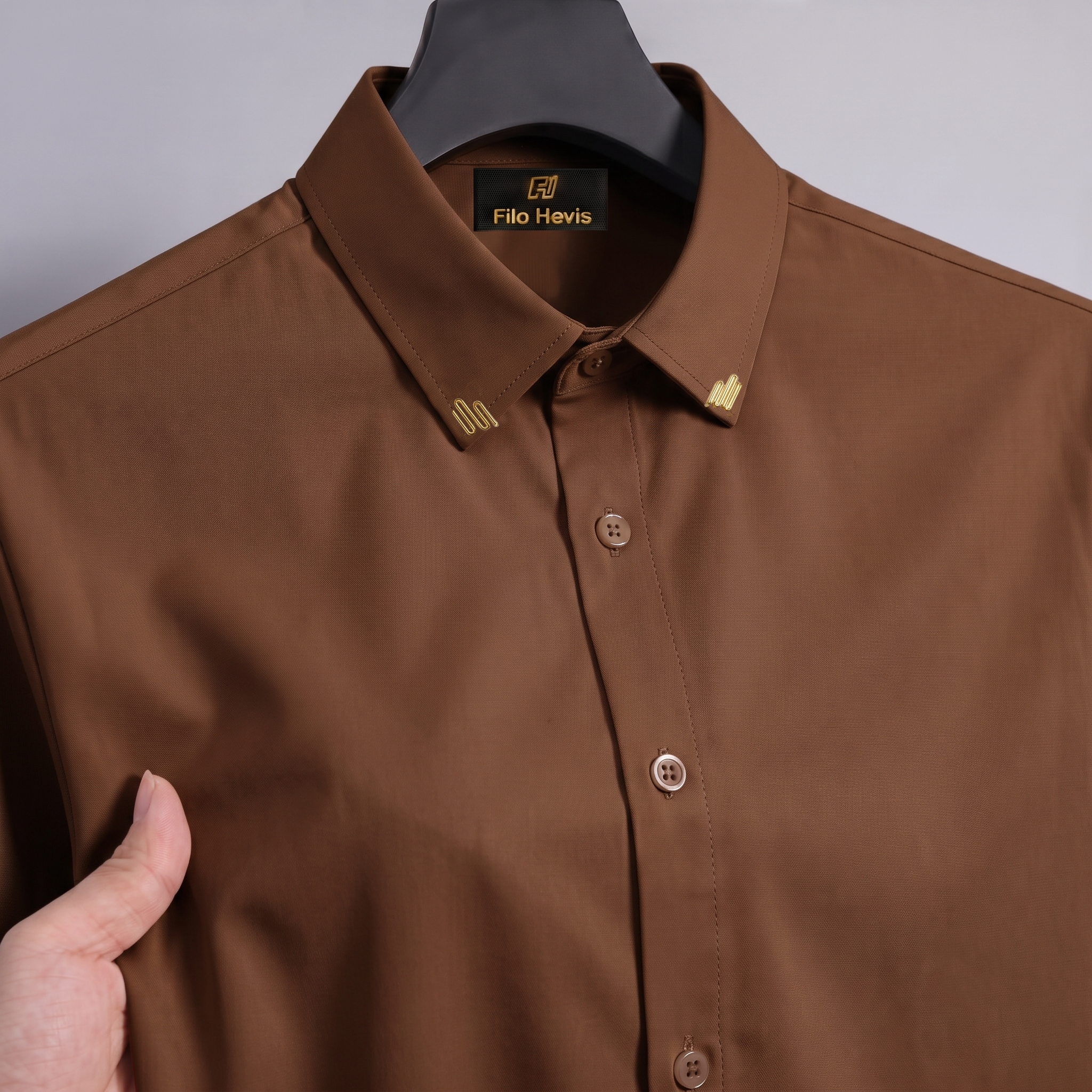 Men's Premium Stretch Formal Shirt with Gold Collar Pins | Wrinkle-Resistant | Party & Office Wear | Brown My Store