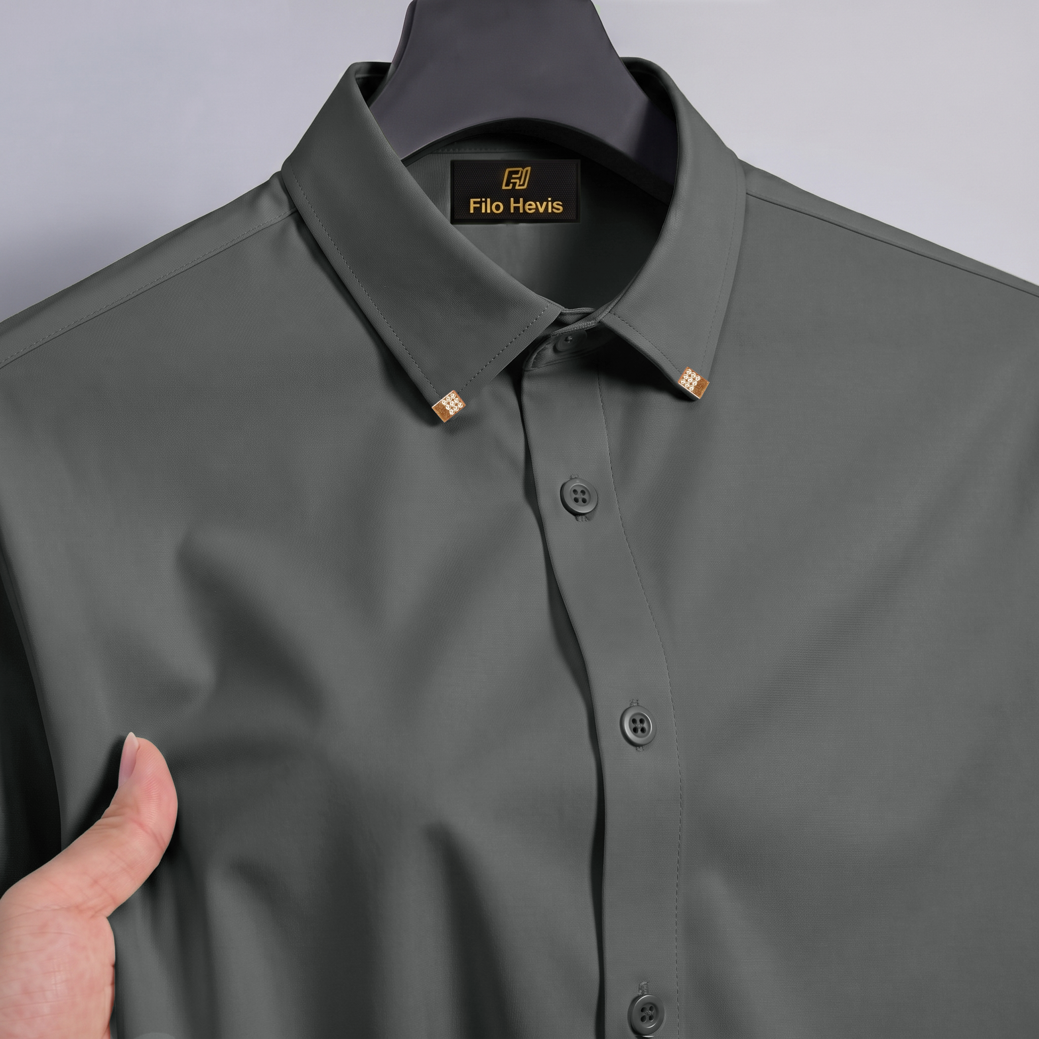 Men's Premium Luxury Formal Shirt with Crystal-Studded Collar Clips | Dark Grey My Store