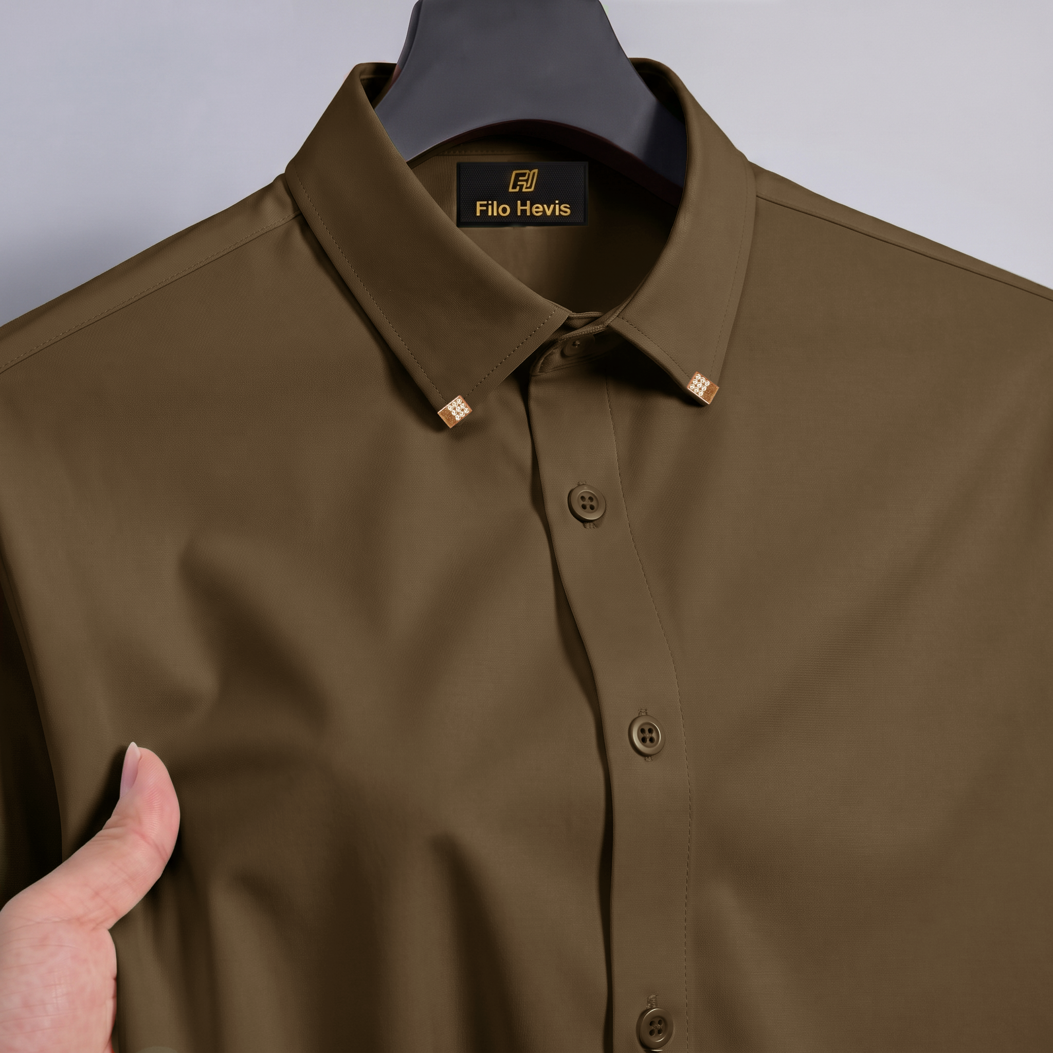 Men's Premium Luxury Formal Shirt with Crystal-Studded Collar Clips | Light Brown My Store