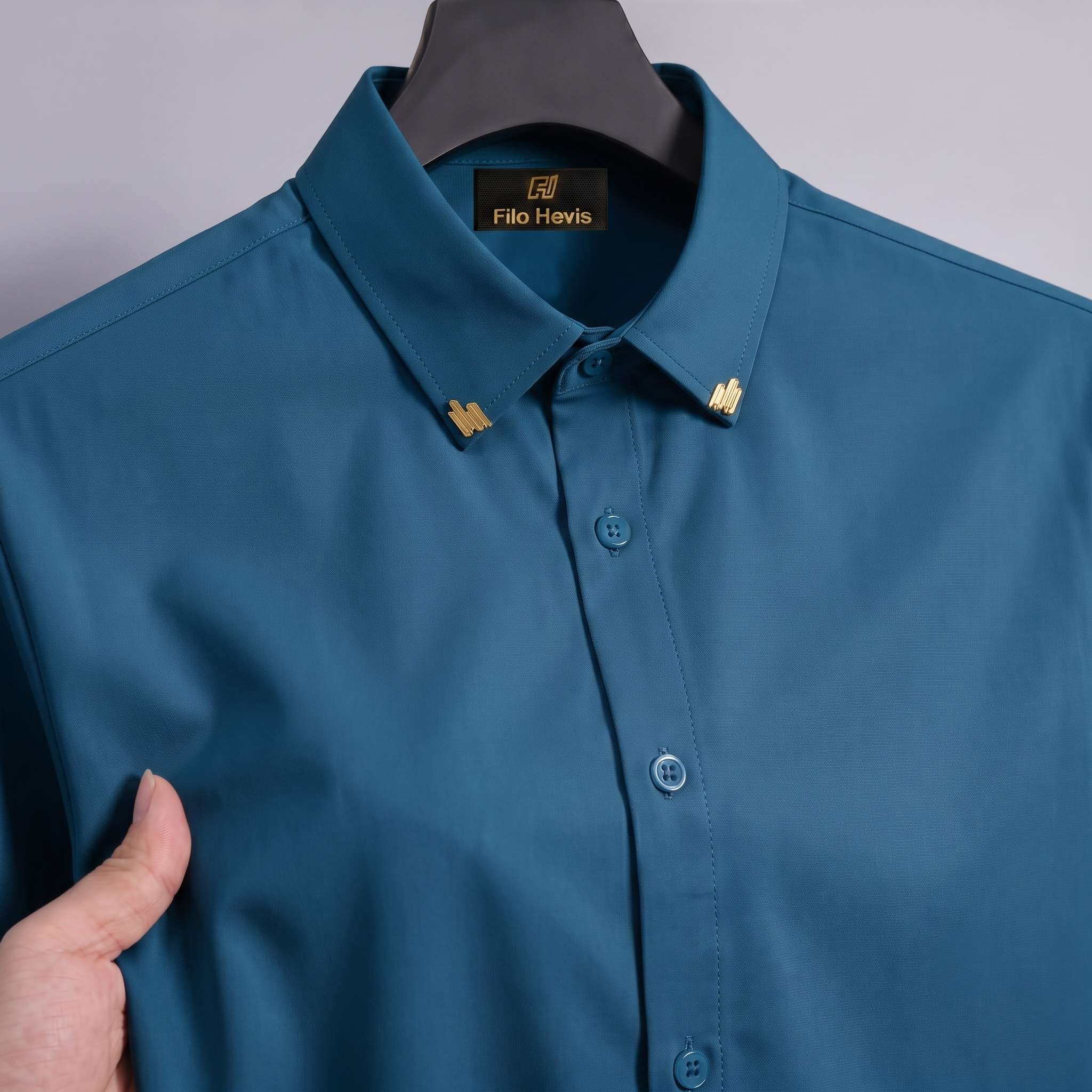 Men's Premium Stretch Formal Shirt with Gold Collar Pins | Wrinkle-Resistant | Party & Office Wear | Teal Blue My Store