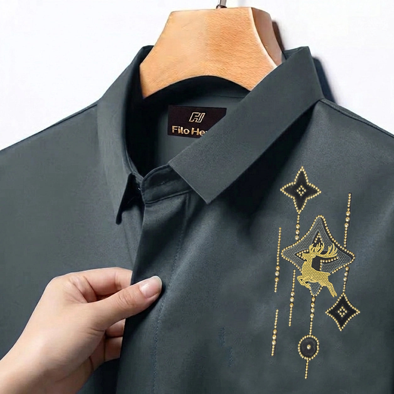 Deer Embroidery Party Shirts | Club Wear | Dark Grey