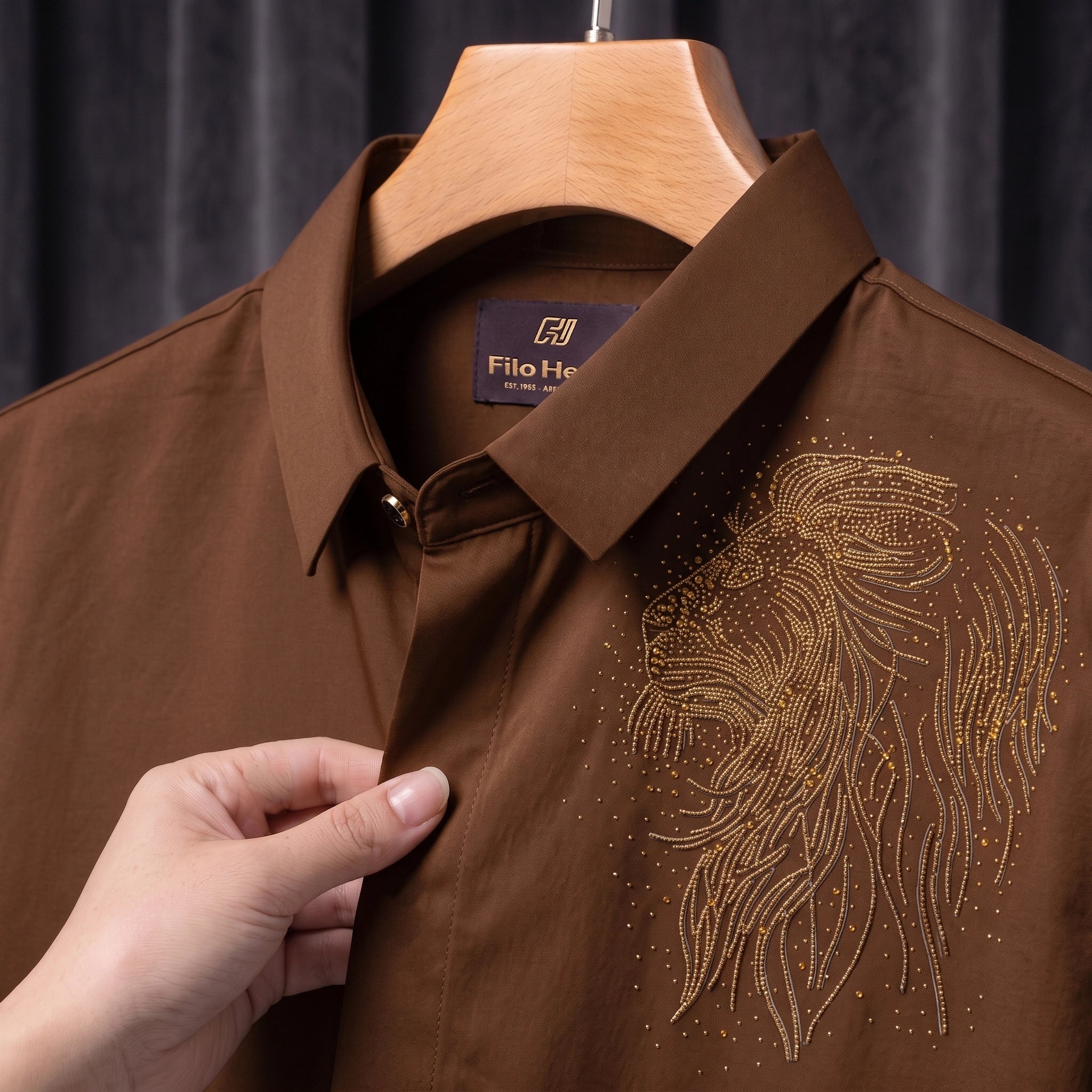 Lion Embroidery Party Shirts | Club Wear | Brown