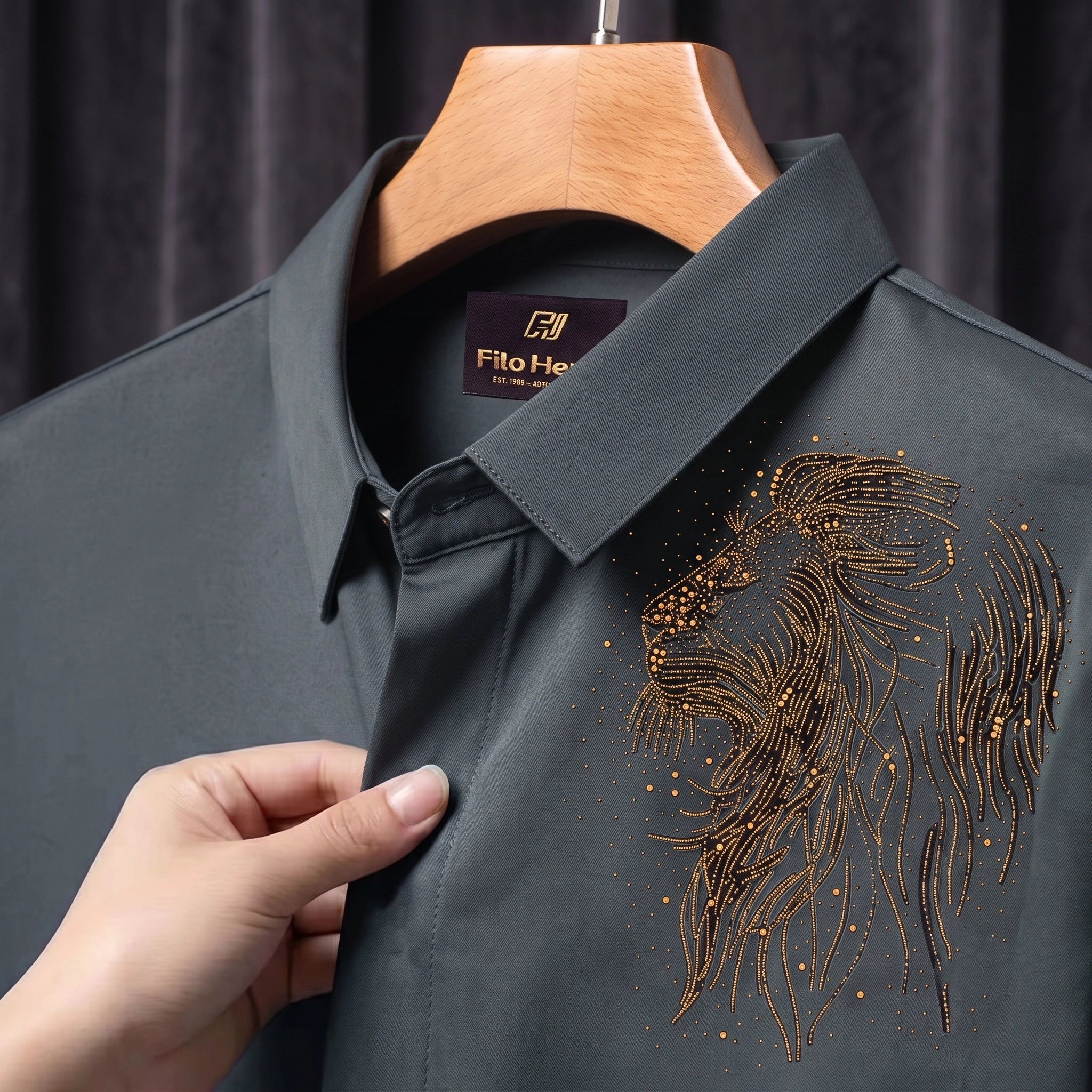 Lion Embroidery Party Shirts | Club Wear | Dark Grey