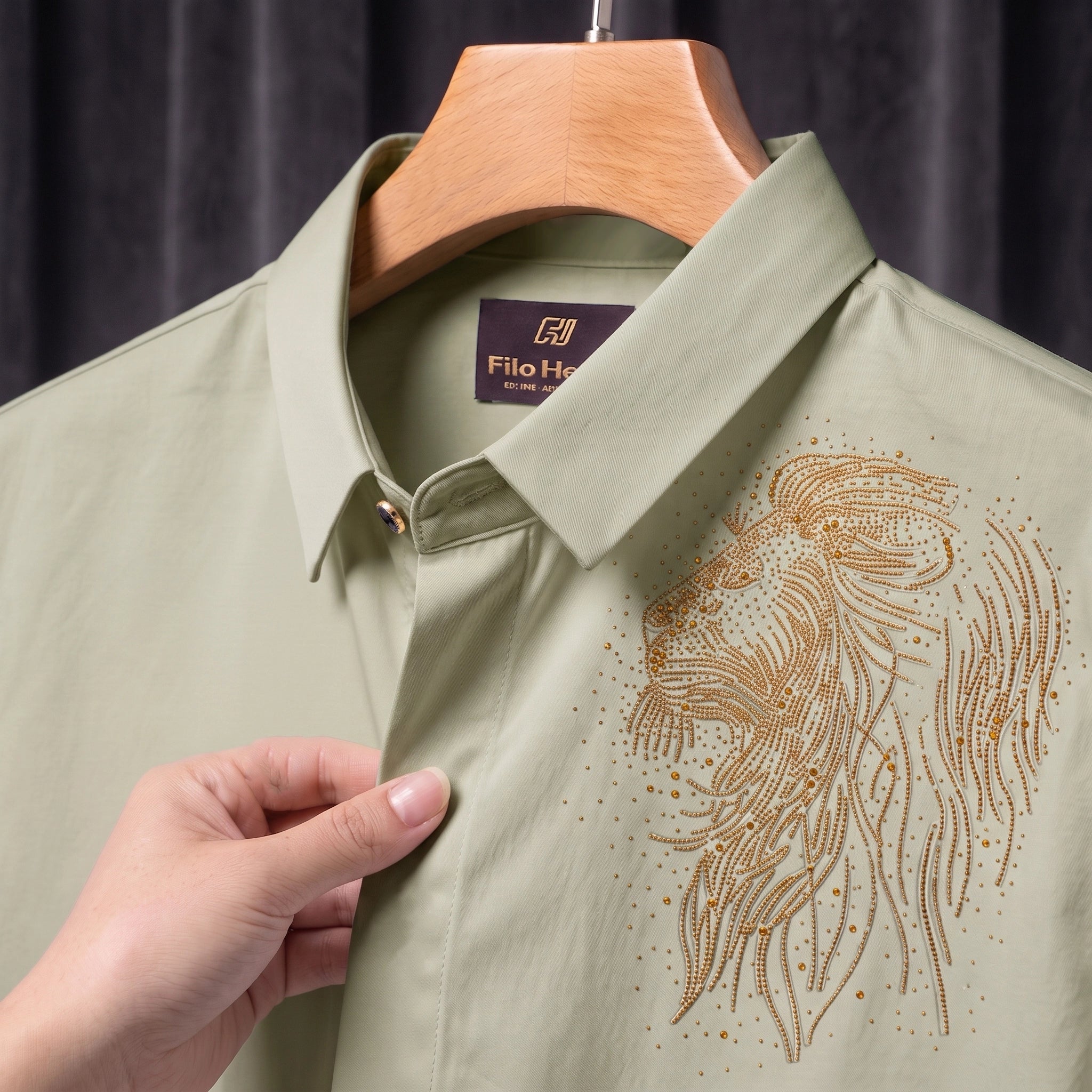 Lion Embroidery Party Shirts | Club Wear | Light-Greyish-Green