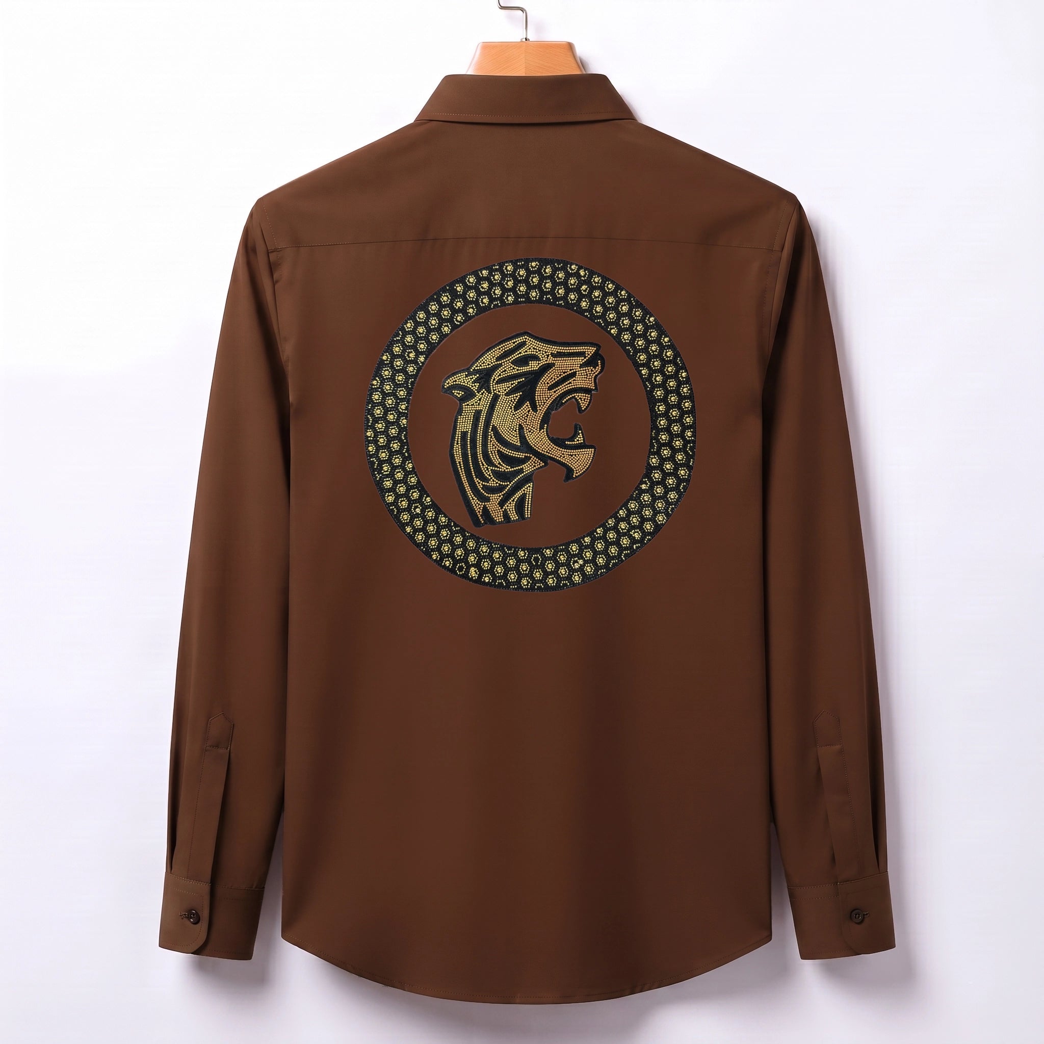 Front & Back Tiger Embroidery Party Shirts | Club Wear | Brown