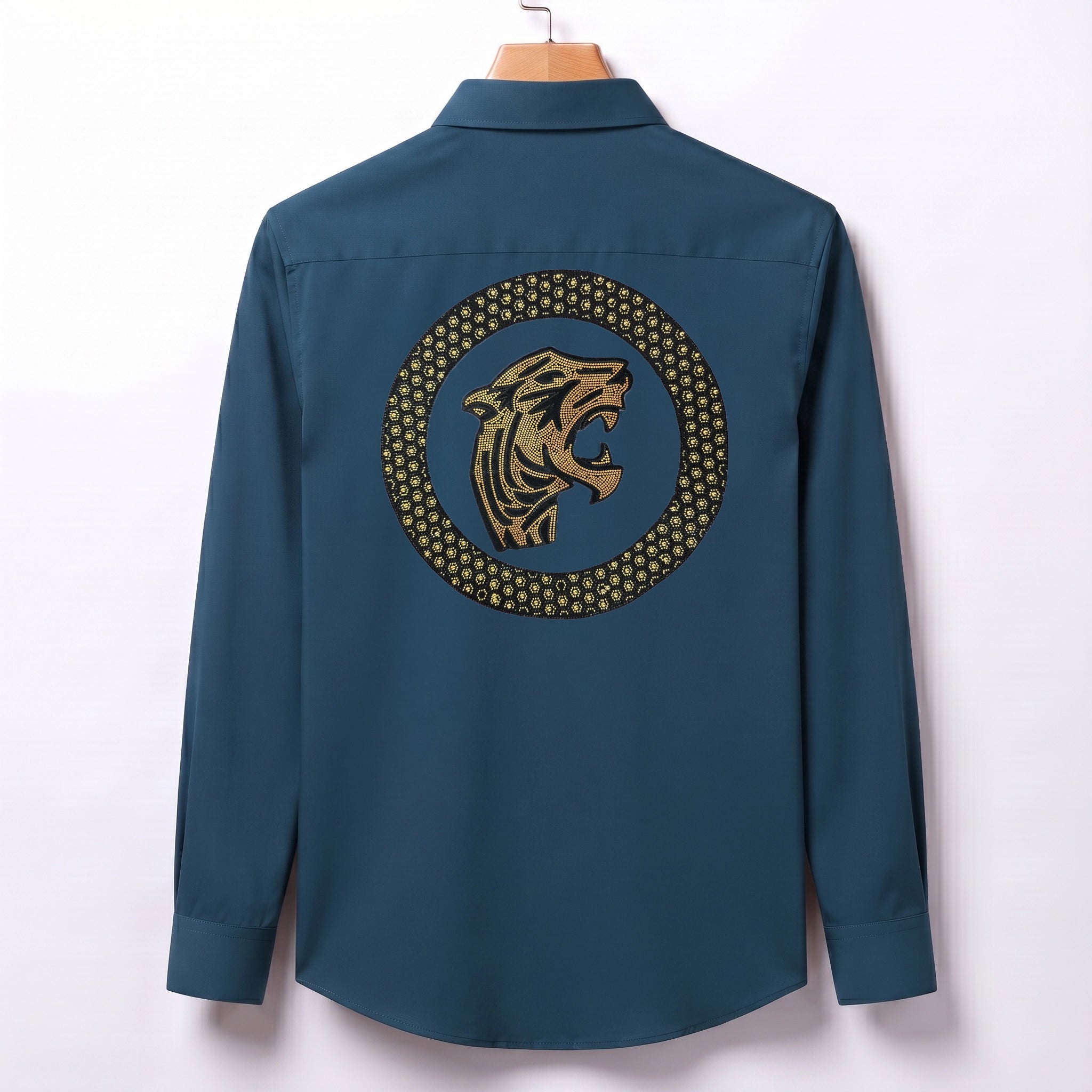 Front & Back Tiger Embroidery Party Shirts | Club Wear | Teal Blue
