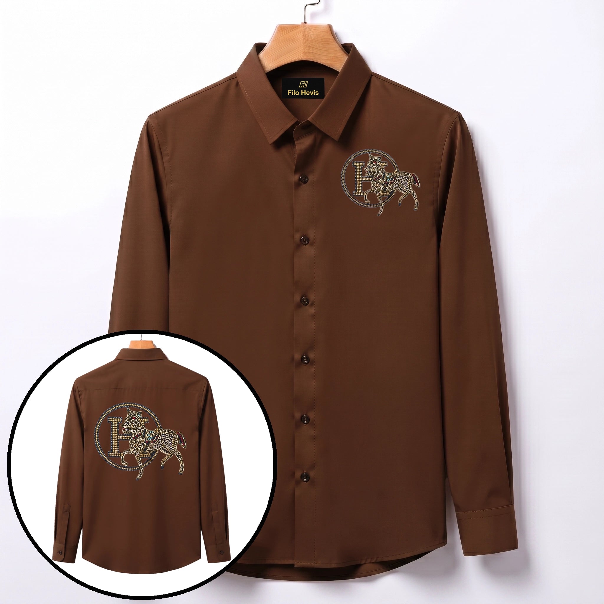 Front & Back Horse Embroidery Party Shirts | Club Wear | Brown