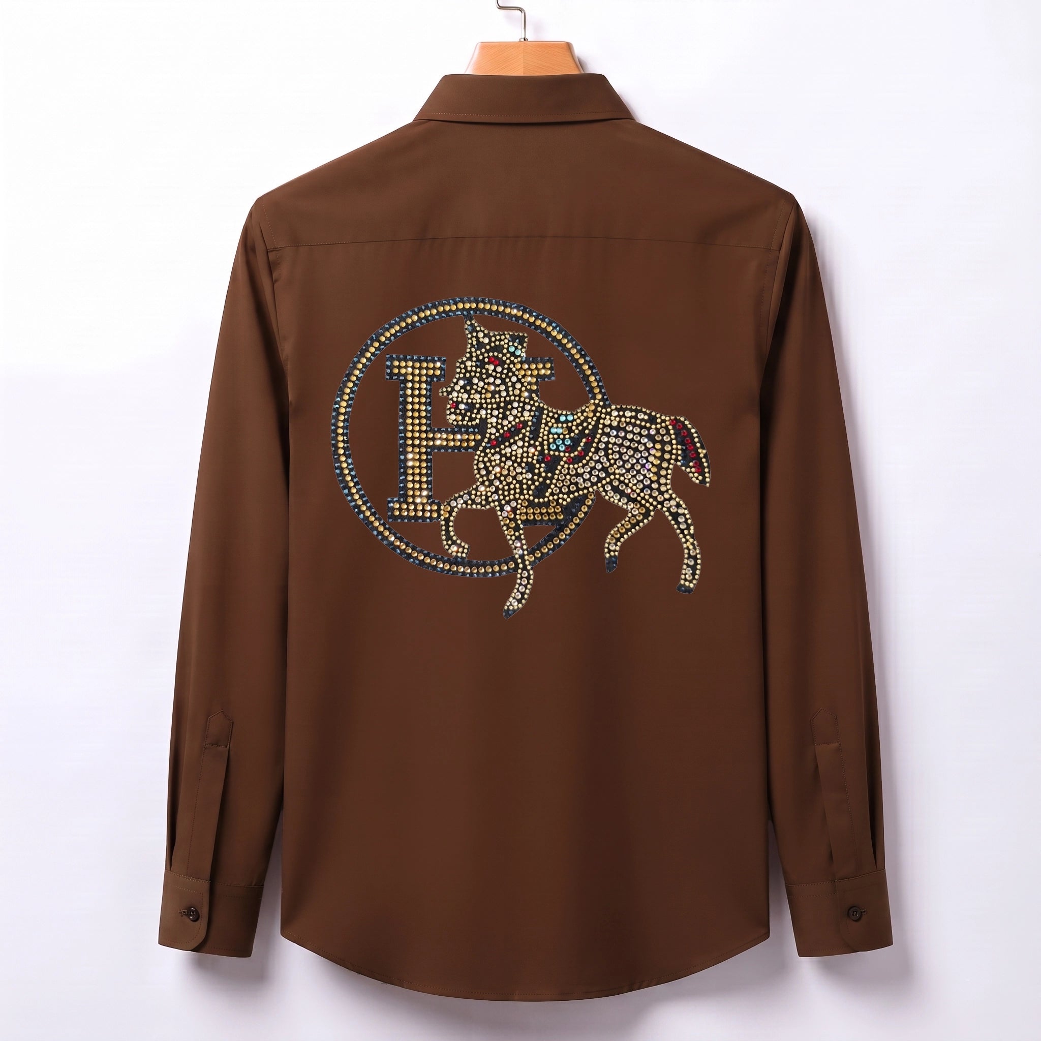 Front & Back Horse Embroidery Party Shirts | Club Wear | Brown