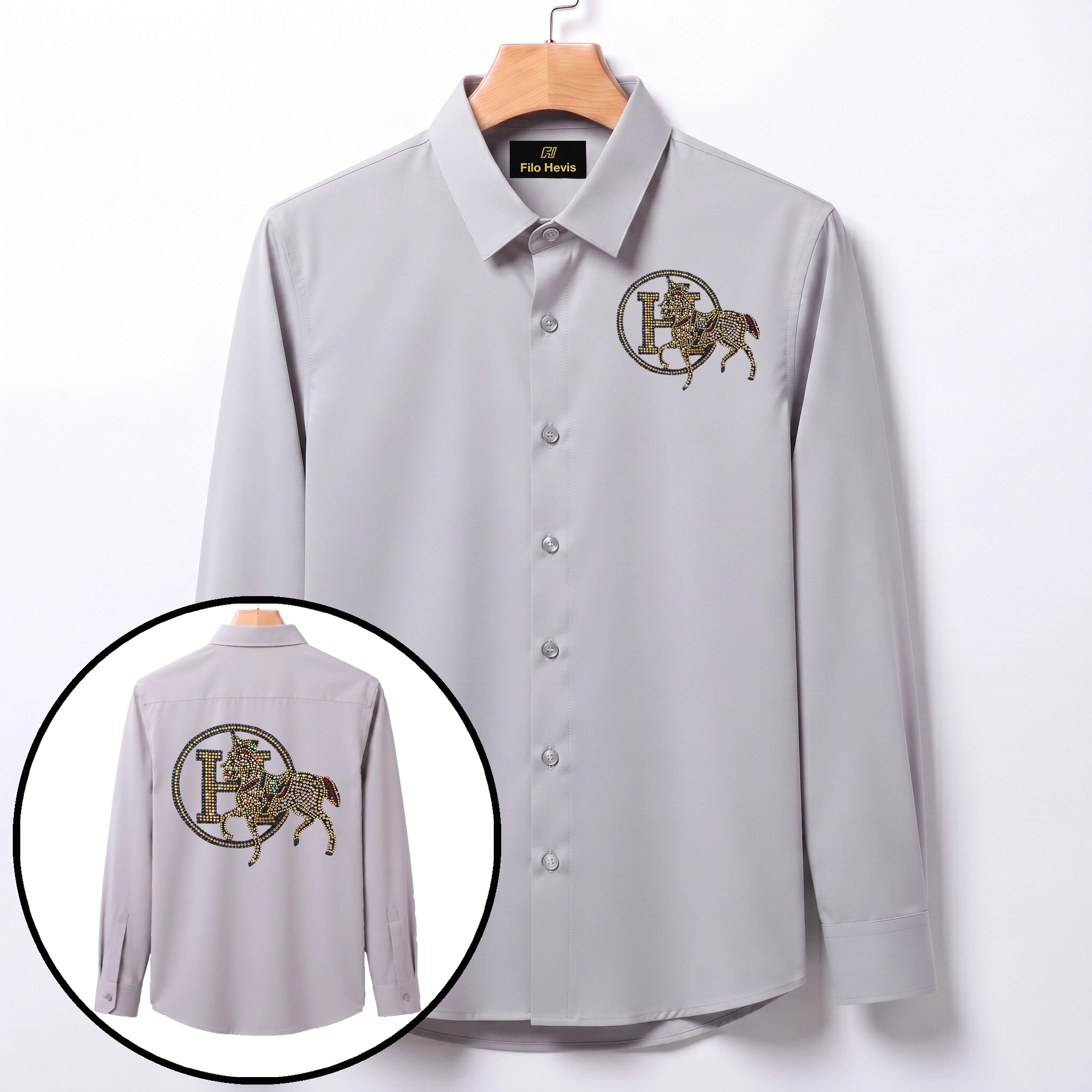 Front & Back Horse Embroidery Party Shirts | Club Wear | Light Grey