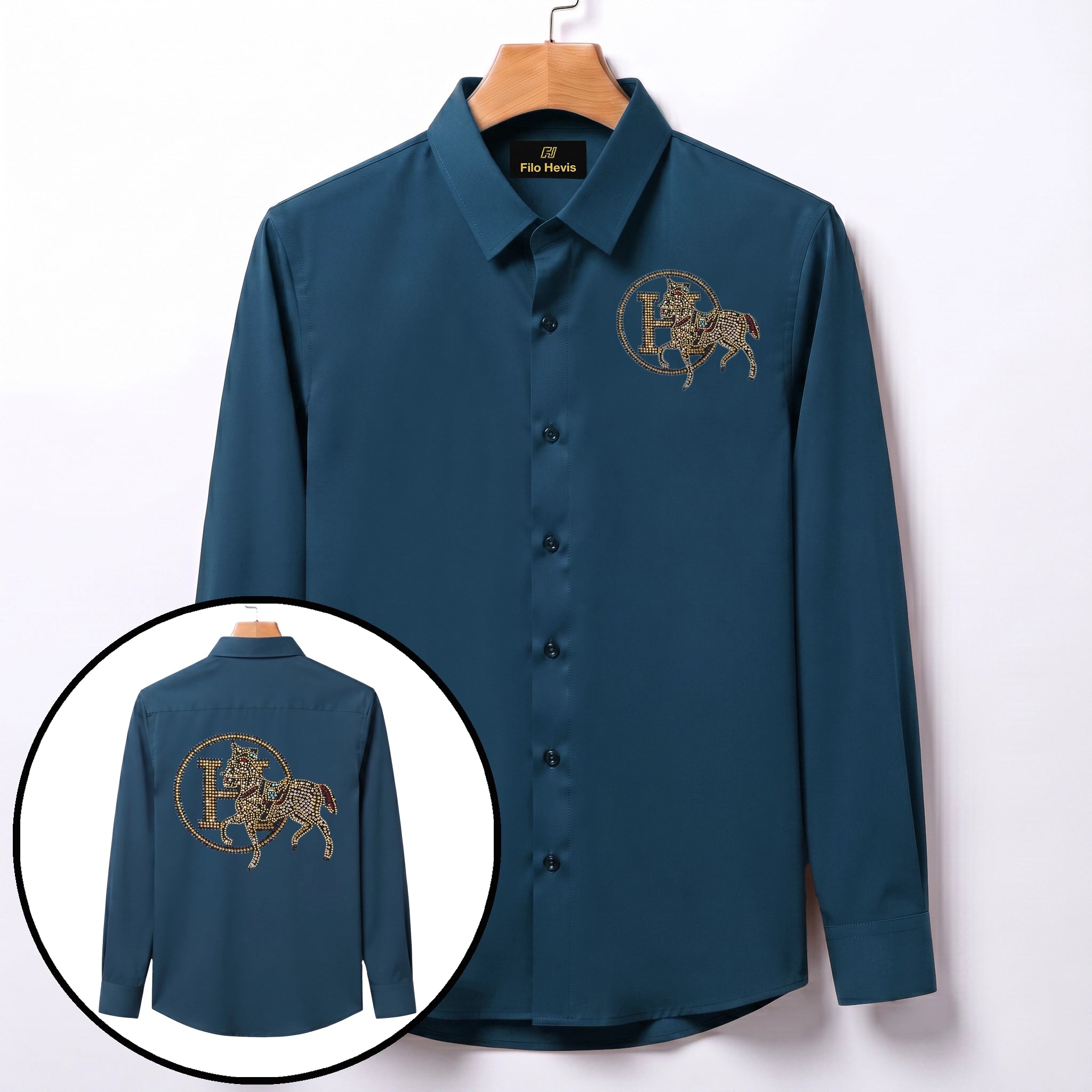 Front & Back Horse Embroidery Party Shirts | Club Wear | Teal Blue