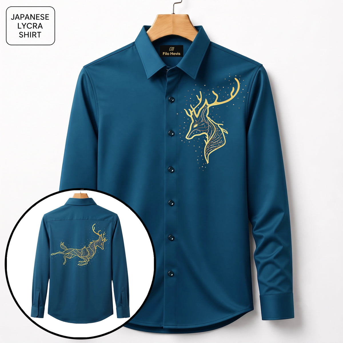 Front & Back Double Deer Embroidery Party Shirts | Club Wear | Teal-Blue