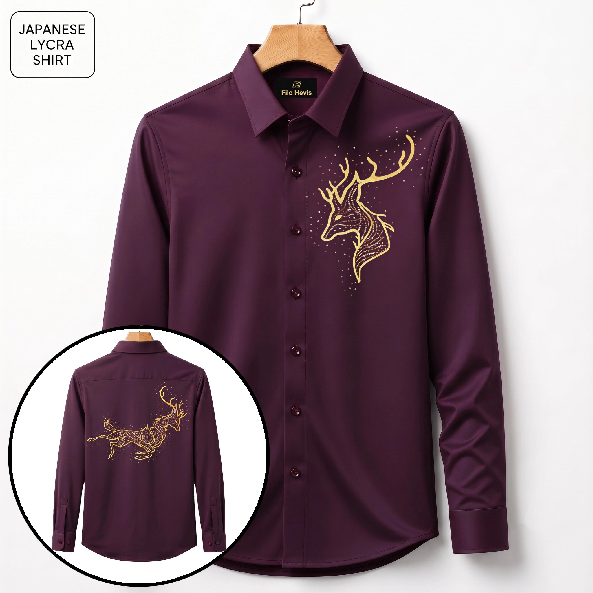Front & Back Double Deer Embroidery Party Shirts | Club Wear | Wine