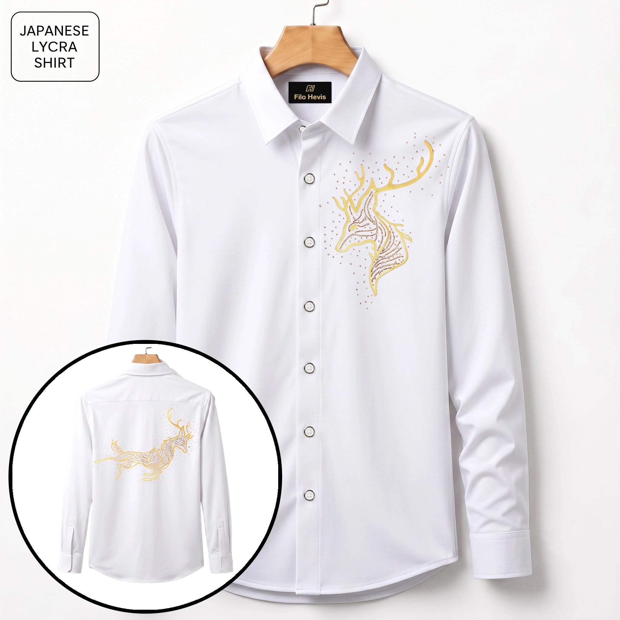 Front & Back Double Deer Embroidery Party Shirts | Club Wear | White