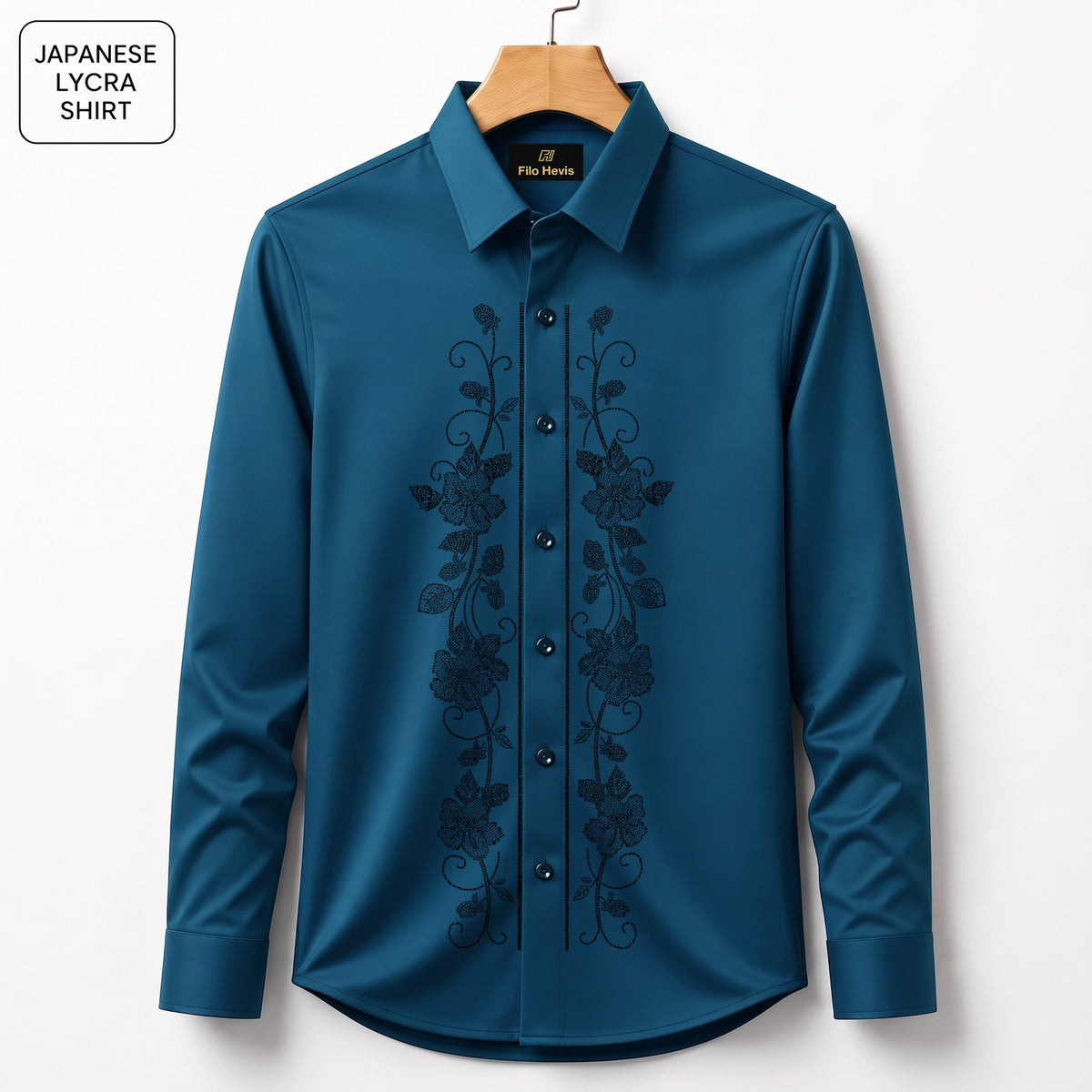 Flower Embroidery Party Shirts | Club Wear | Teal-Blue