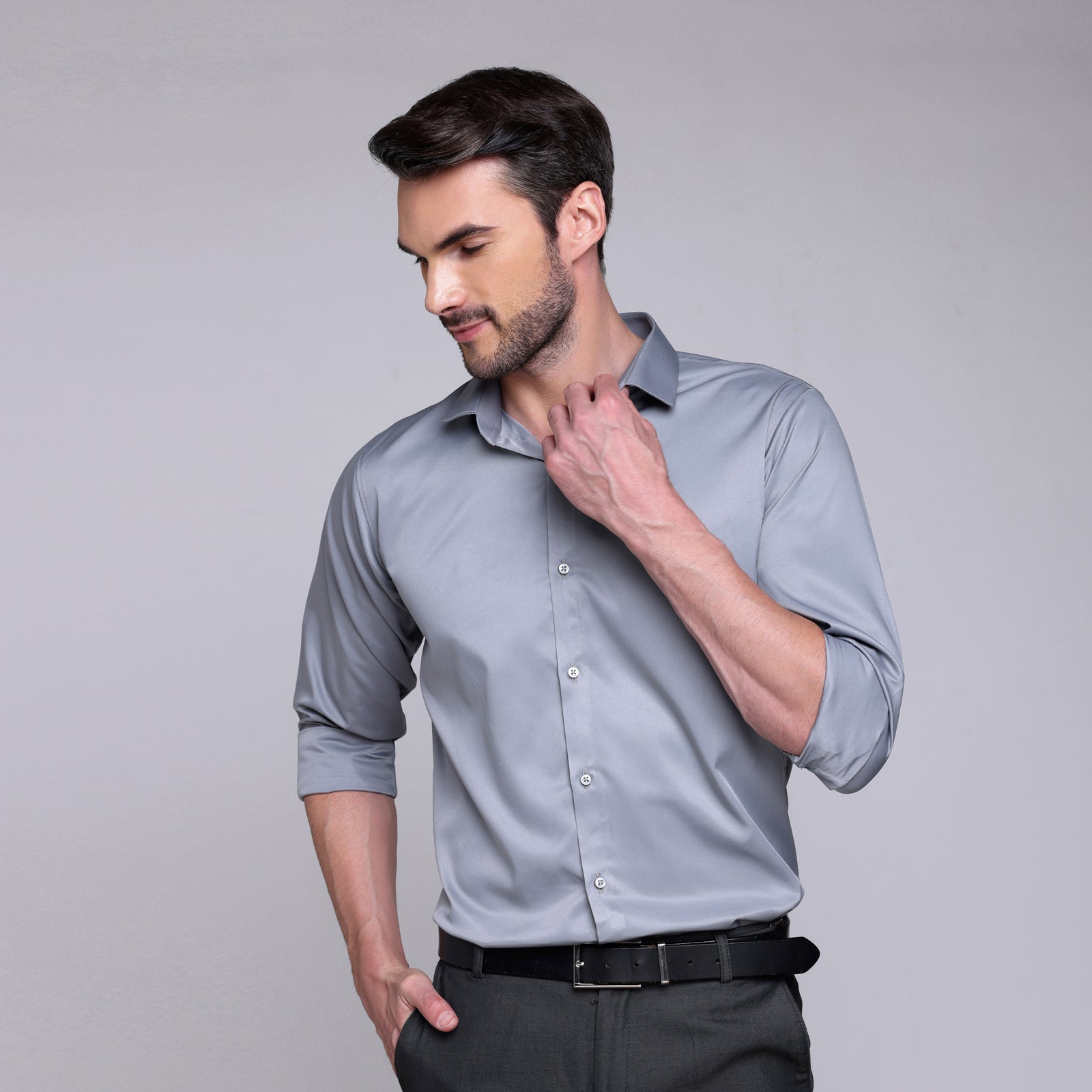 grey satin shirt for men