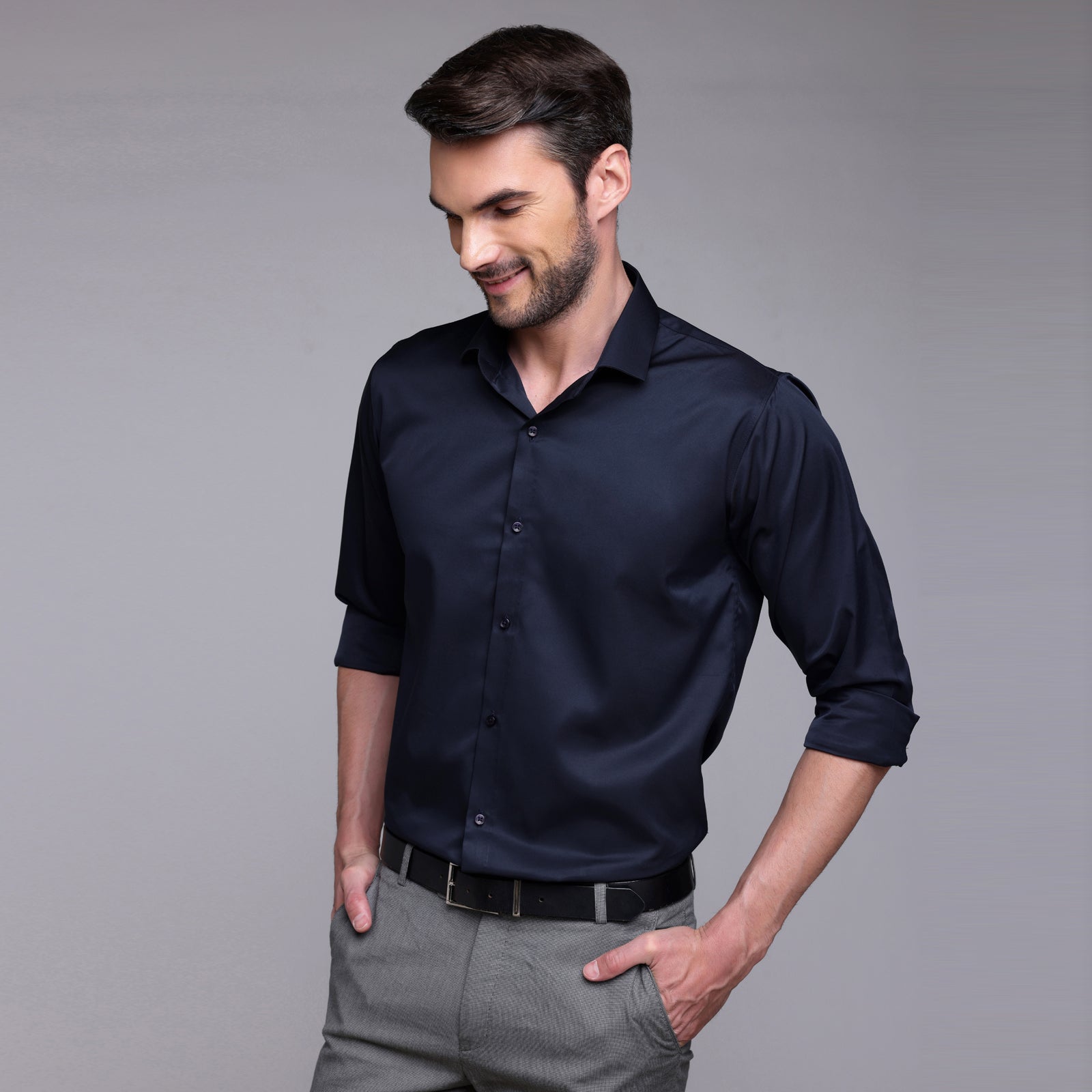 Navy blue satin shirt Plain