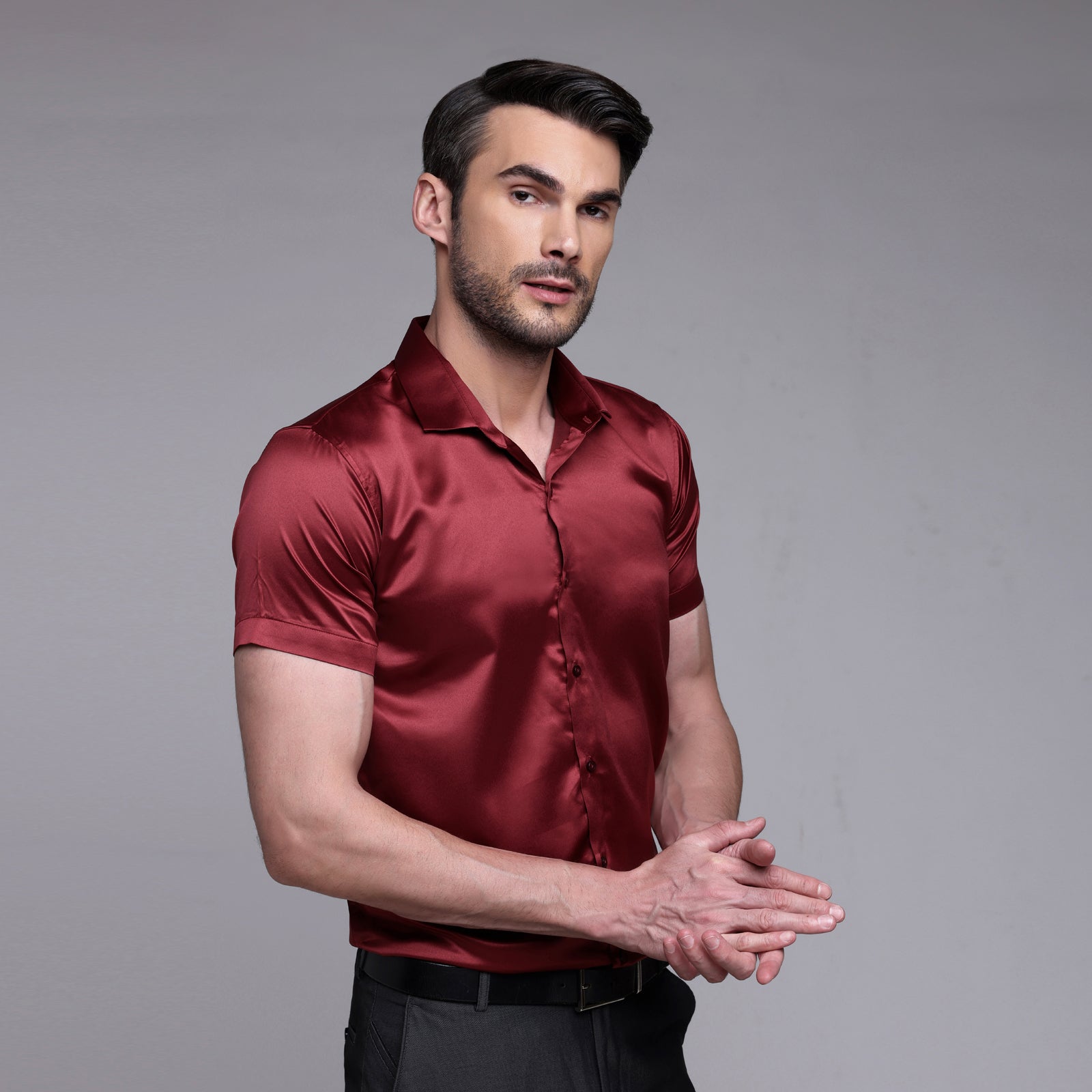 Men’s Satin Half Sleeve Formal Shirt – Premium Soft & Shiny Finish-Maroon My Store