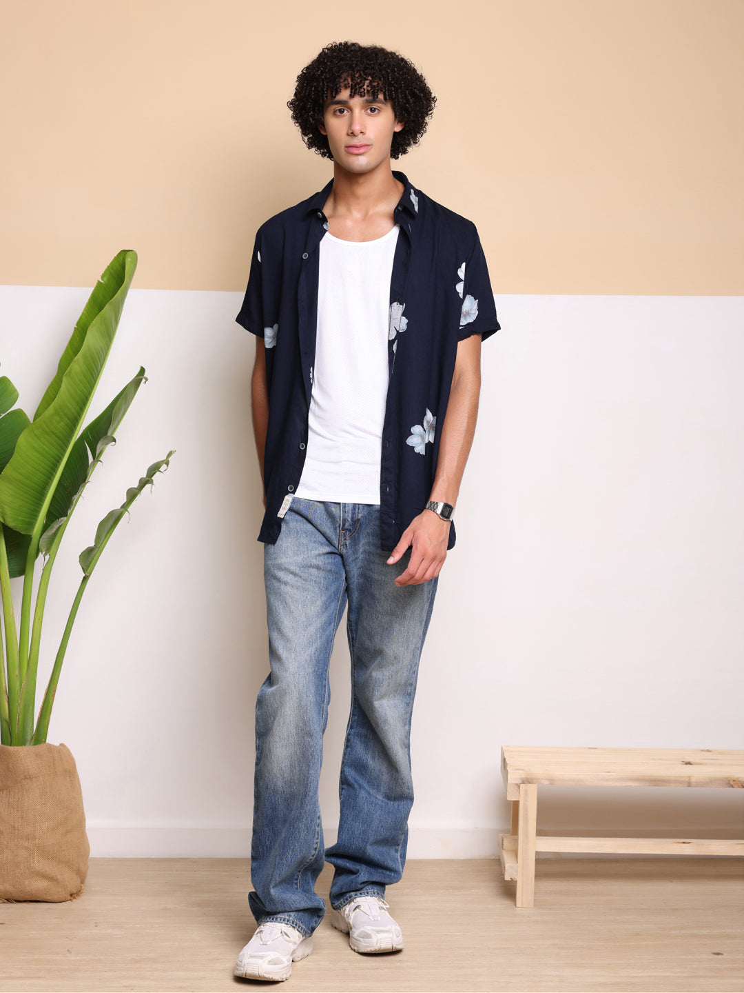 Navy Blue HALF CASUAL PRINTED COTTON SHIRT REGULAR FIT FOR MEN
