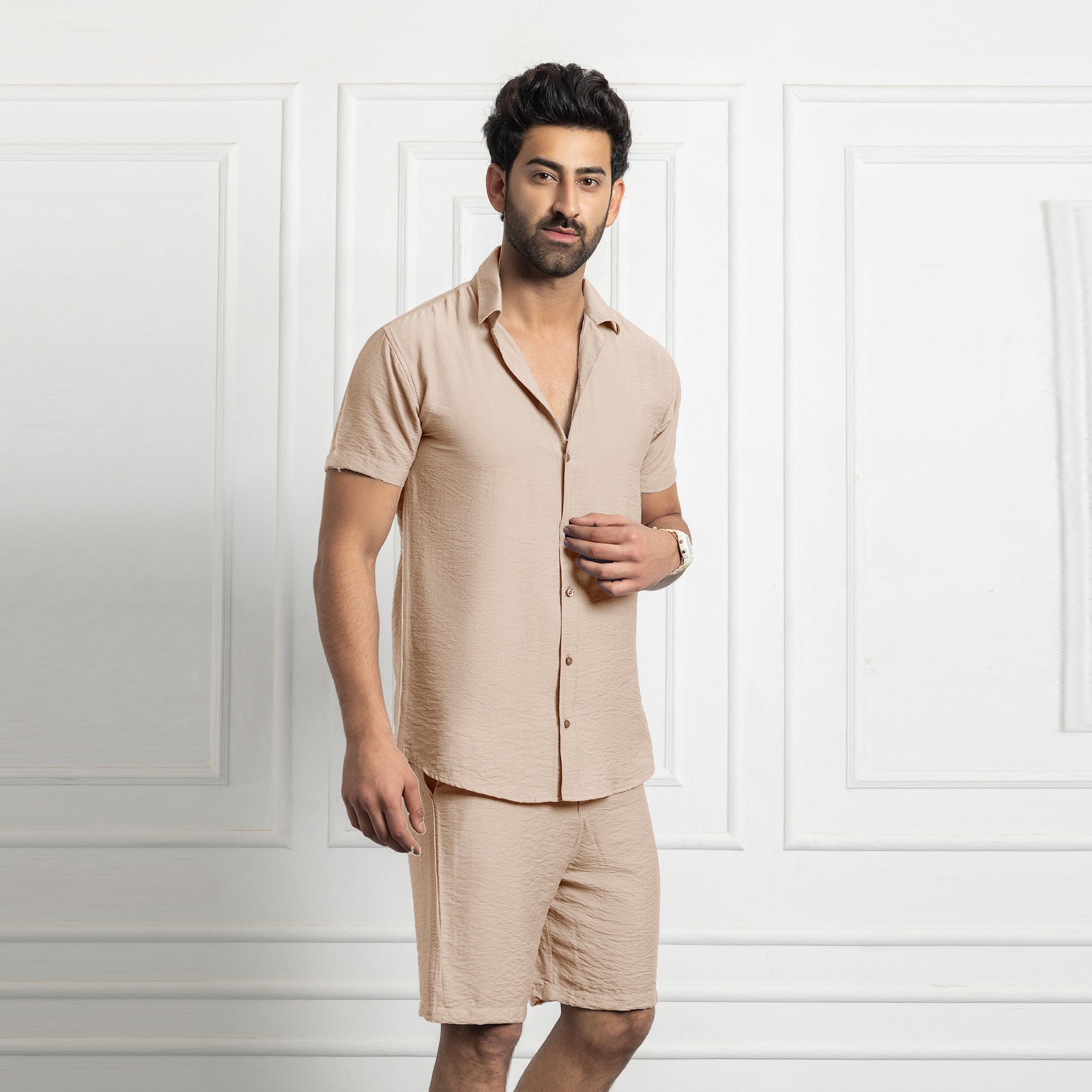Men's Linen Shirt & Short Co-ords Set- Beige