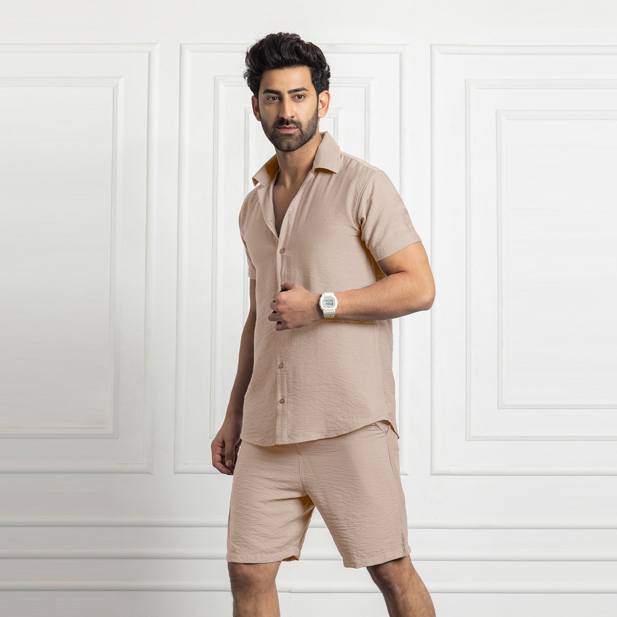 Men's Linen Shirt & Short Co-ords Set- Beige
