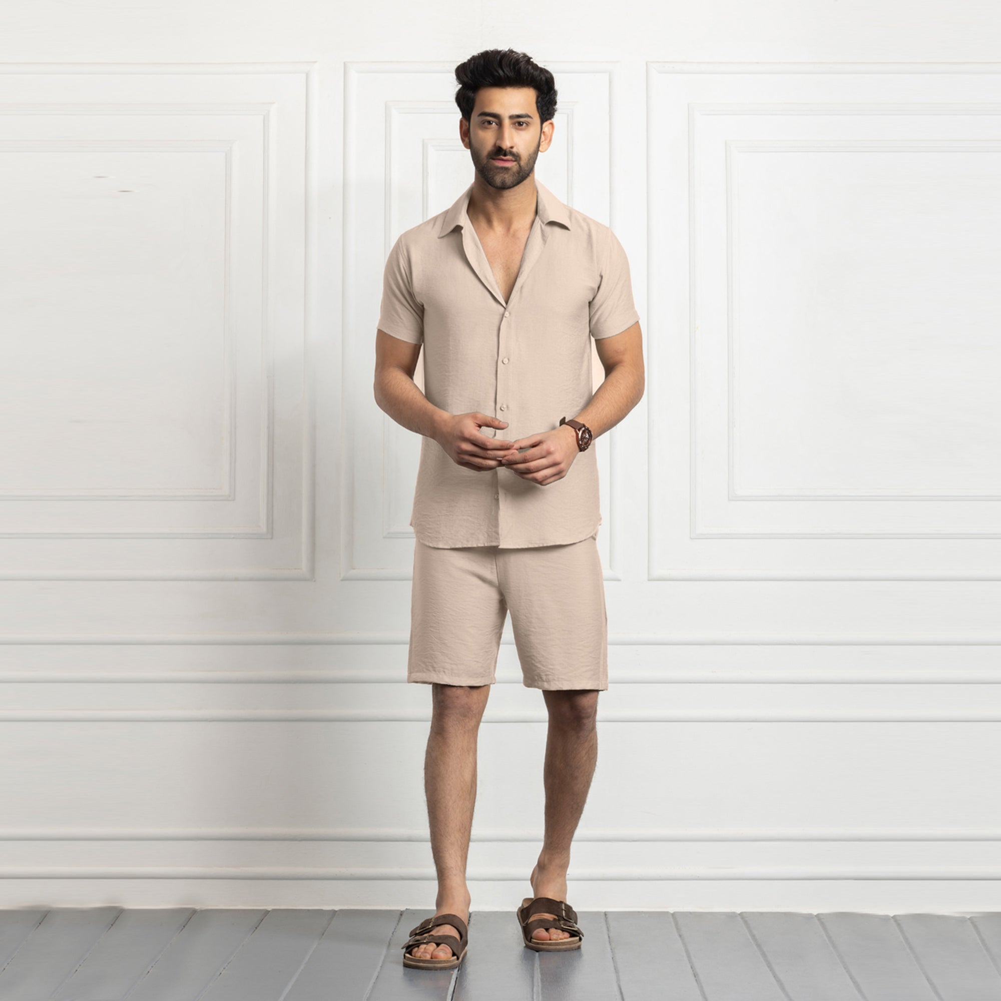 Men's Linen Shirt & Short Co-ords Set- Beige