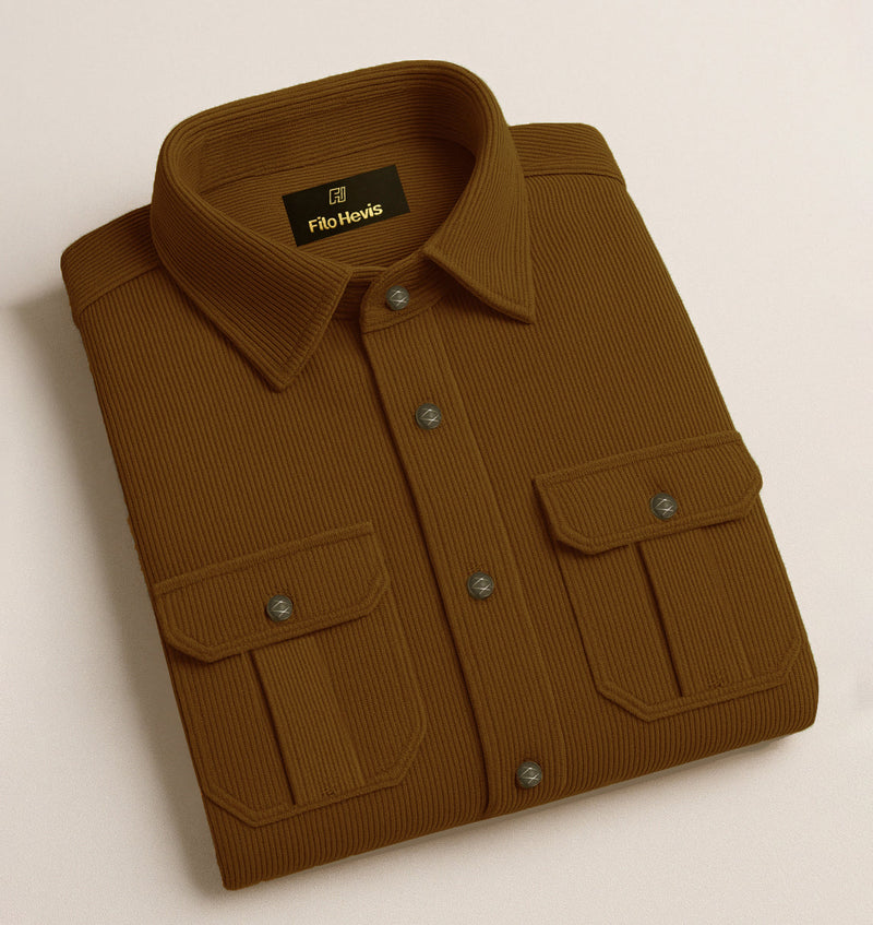 COTTON CORDUROY SHIRT FOR WINTER STYLE | 21-WALES CORDUROY | DOUBLE POCKET | Brown