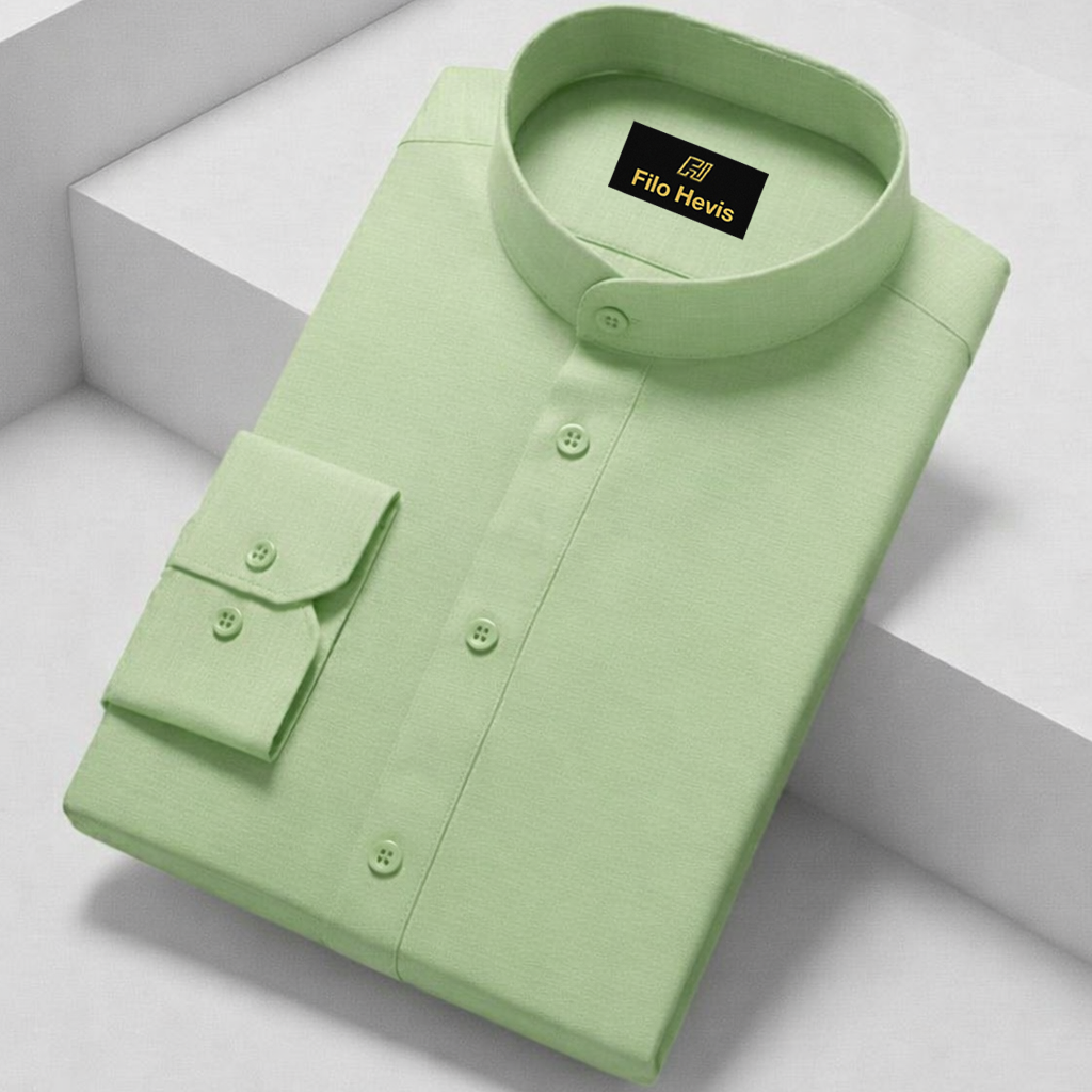 MEN’S CHINESE COLLAR SHIRT | FULL SLEEVE COTTON LINEN T-NECK SHIRT | LIGHT GREEN COLOR