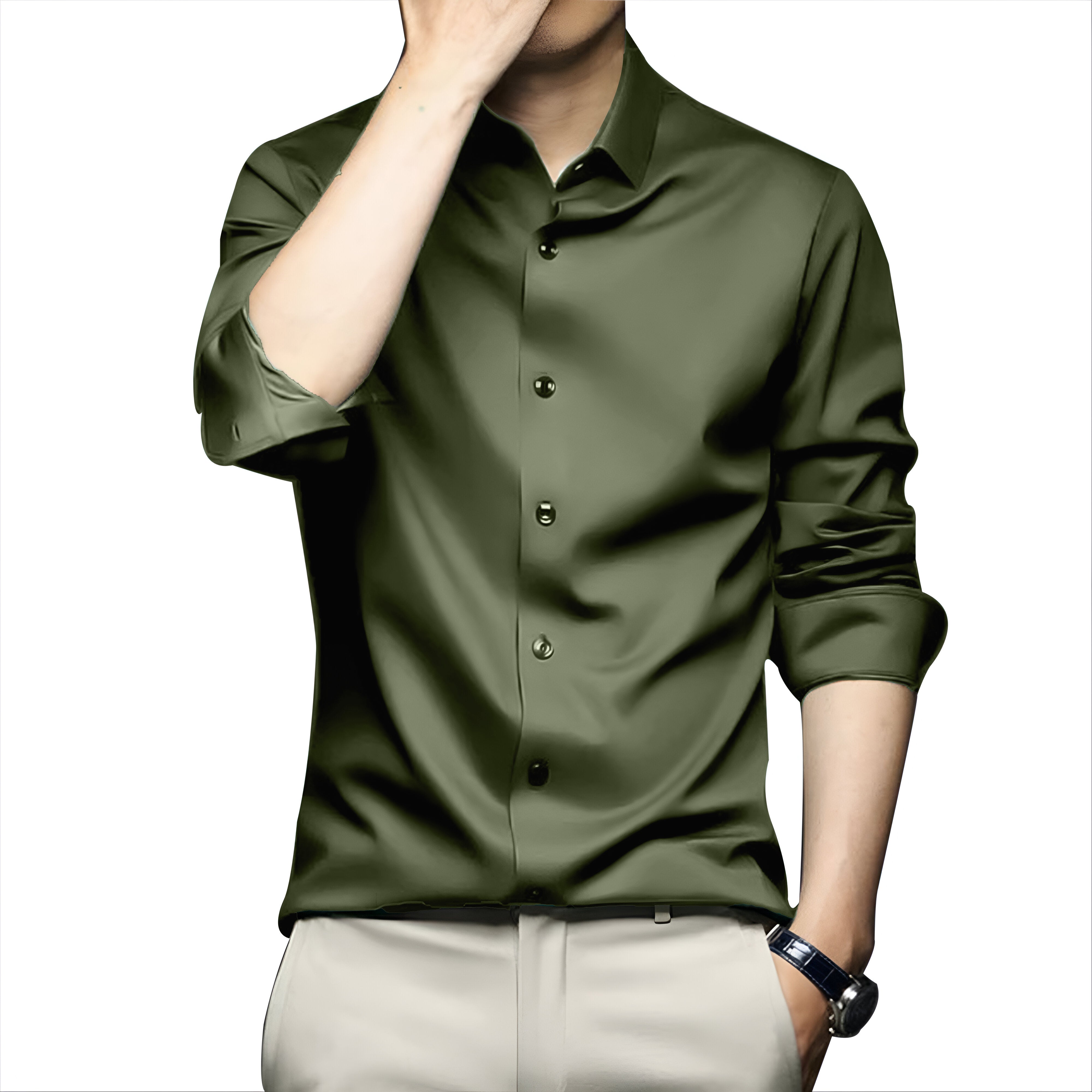 Poly Satin formal Shirt For Men-Olive-Green